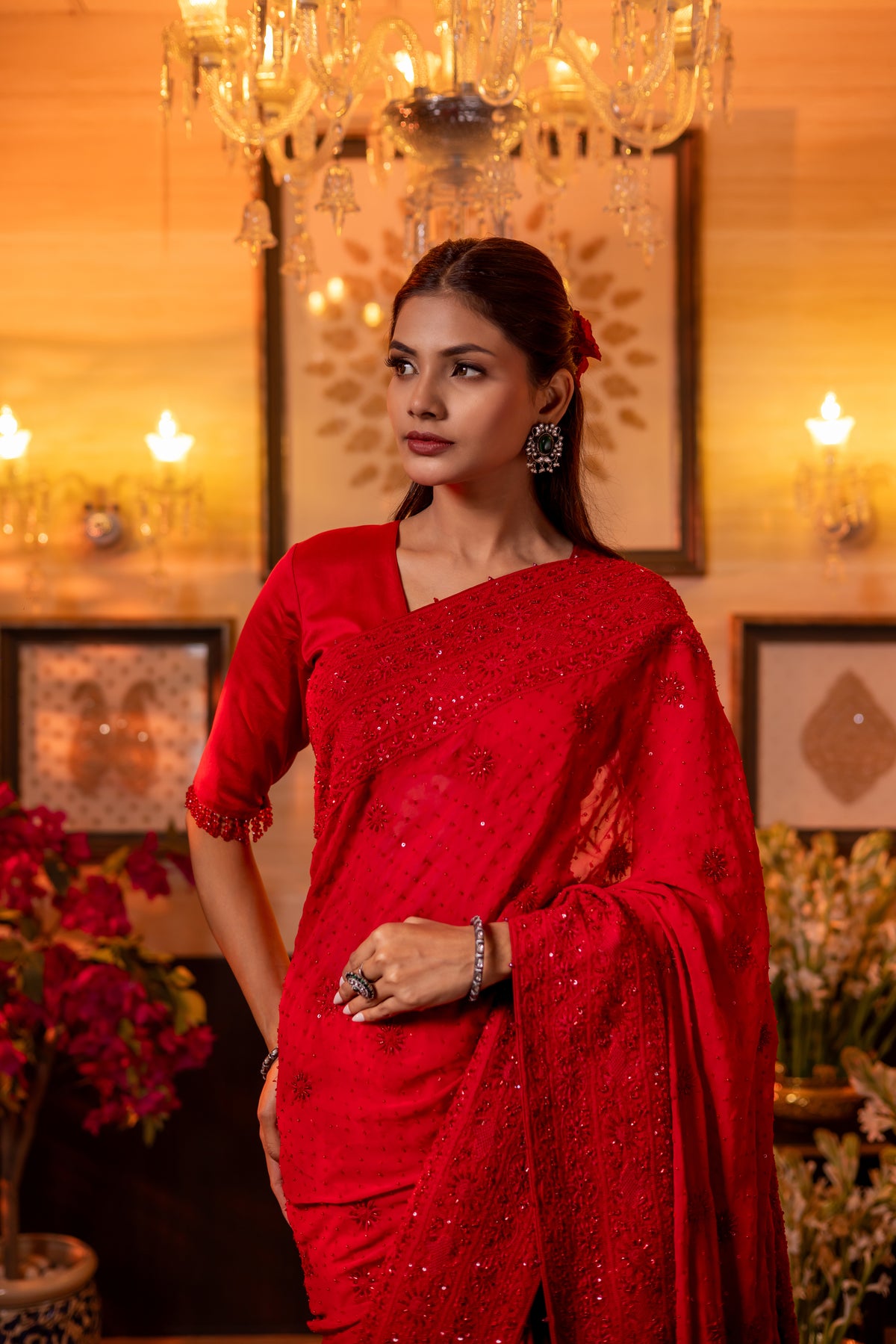 Red Pure & Premium Georgette Chikankari Saree