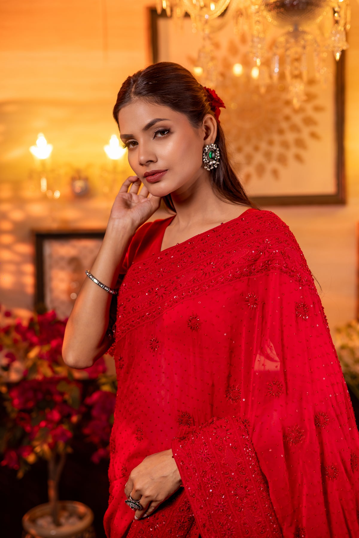 Red Pure & Premium Georgette Chikankari Saree