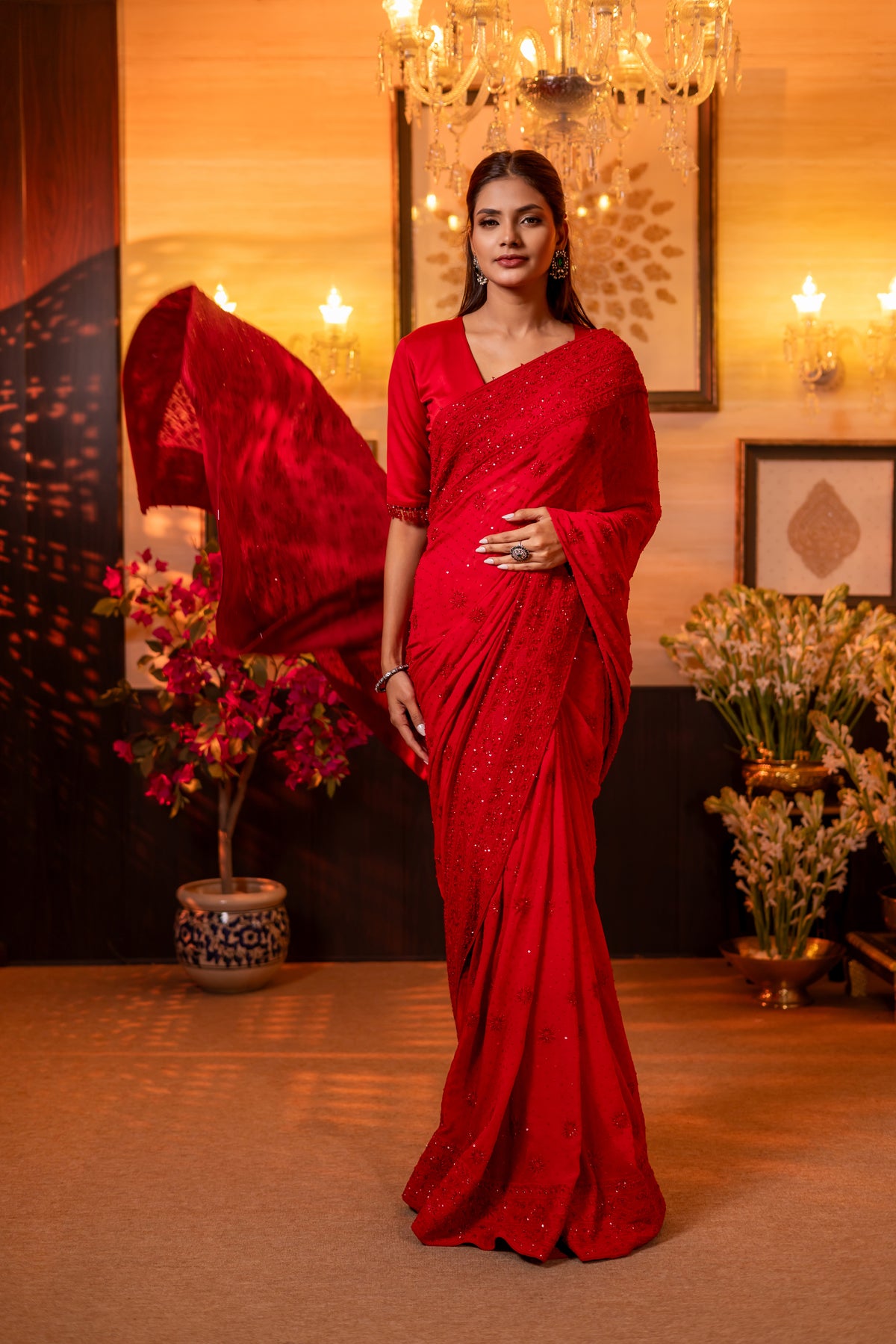 Red Pure & Premium Georgette Chikankari Saree