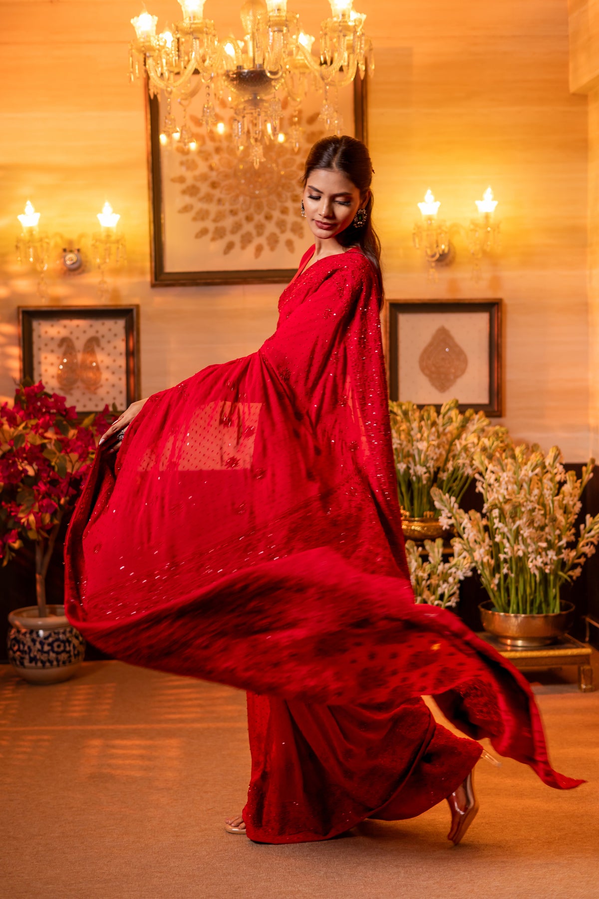 Red Pure & Premium Georgette Chikankari Saree
