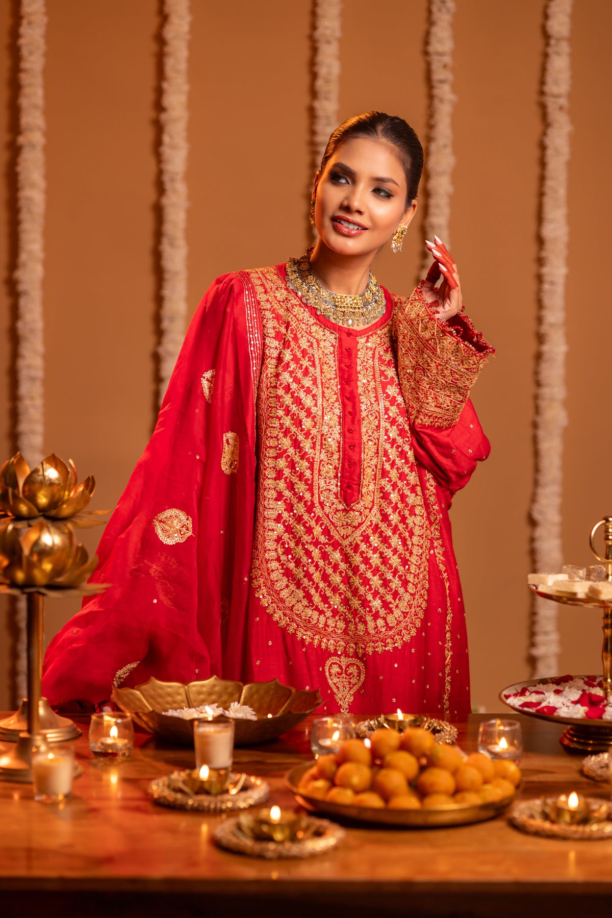 Red Pure & Premium Monga Silk Chikankari Kurta, Bottom With Organza Dupatta