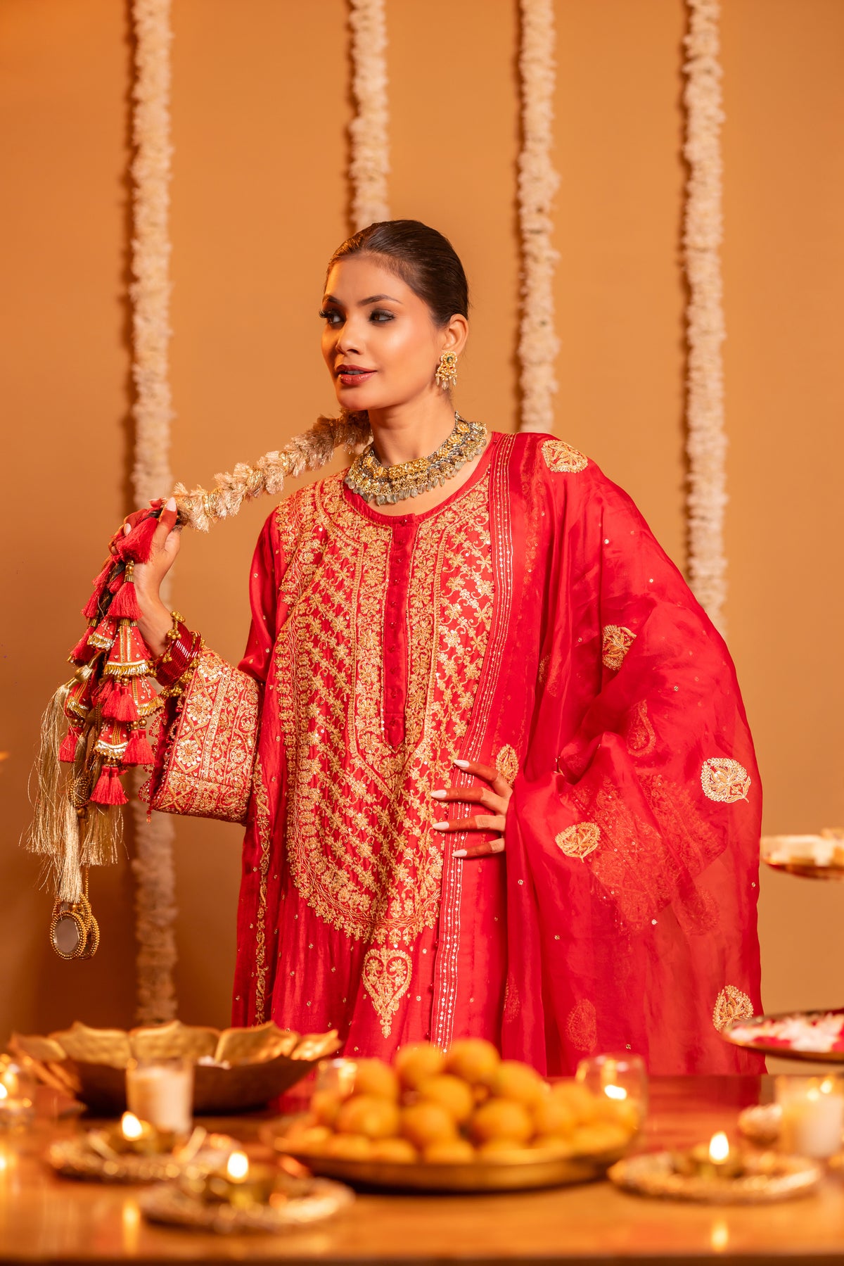 Red Pure & Premium Monga Silk Chikankari Kurta, Bottom With Organza Dupatta