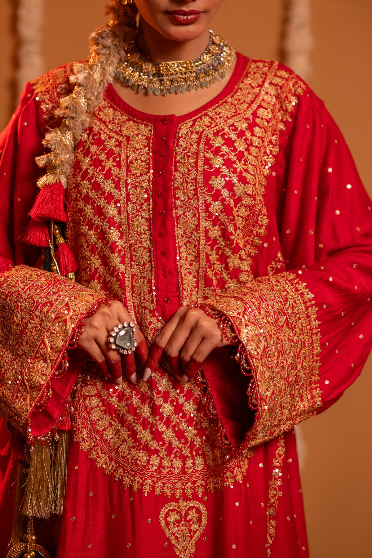 Red Pure & Premium Monga Silk Chikankari Kurta, Bottom With Organza Dupatta