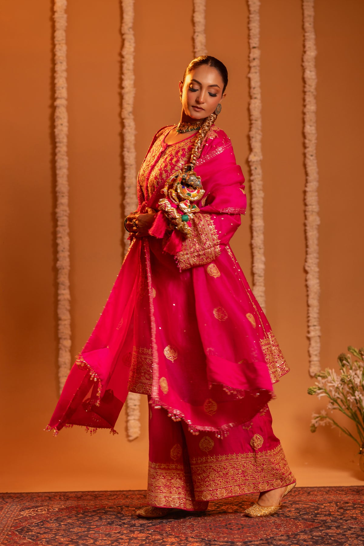 Magenta Pure & Premium Monga Silk Chikankari Kurta, Bottom With Organza Dupatta