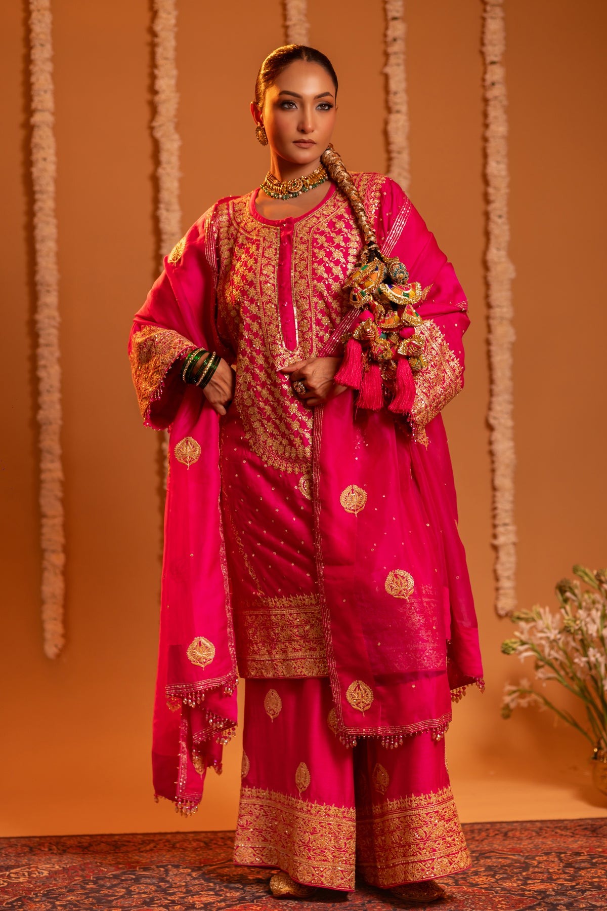 Magenta Pure & Premium Monga Silk Chikankari Kurta, Bottom With Organza Dupatta