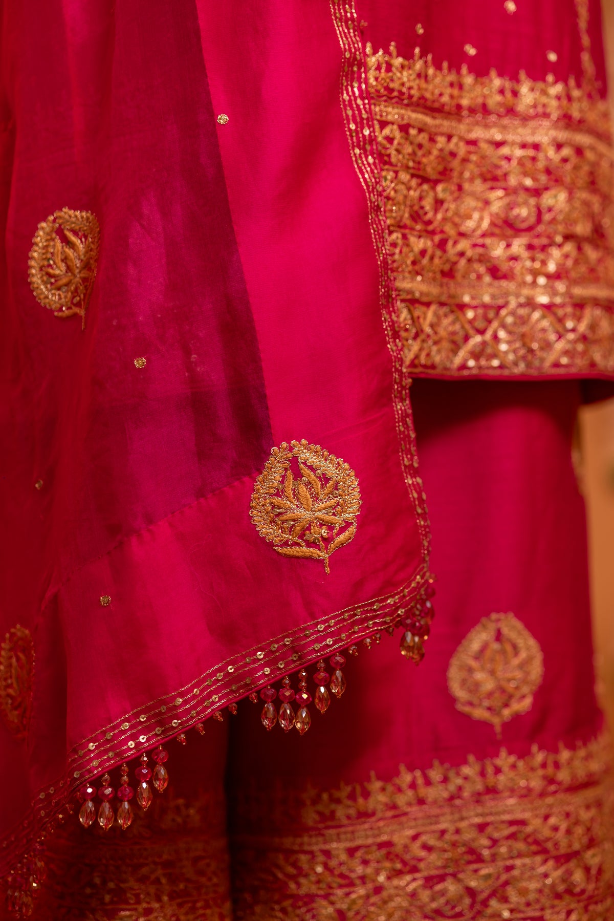 Magenta Pure & Premium Monga Silk Chikankari Kurta, Bottom With Organza Dupatta