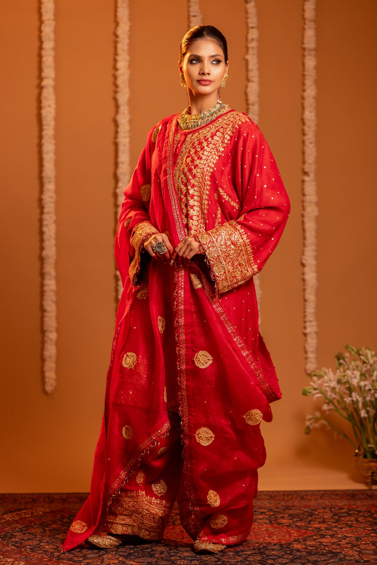 Red Pure & Premium Monga Silk Chikankari Kurta, Bottom With Organza Dupatta