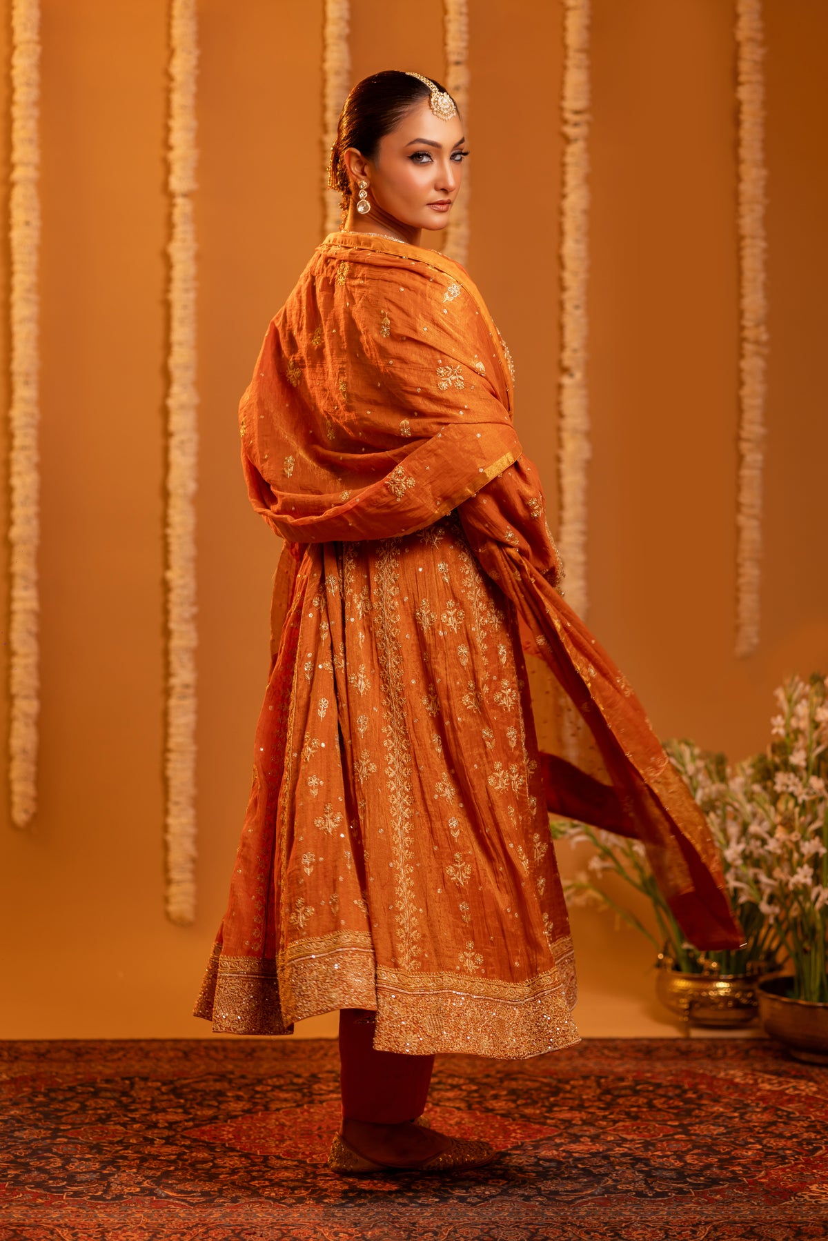 Burnt Orange Pure & Premium Tissue Chikankari Anarkali And Dupatta With Bottom