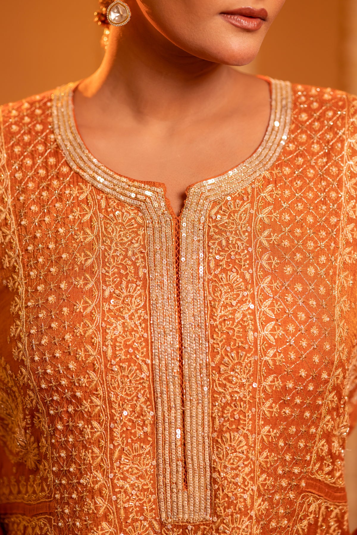 Burnt Orange Pure & Premium Tissue Chikankari Anarkali And Dupatta With Bottom