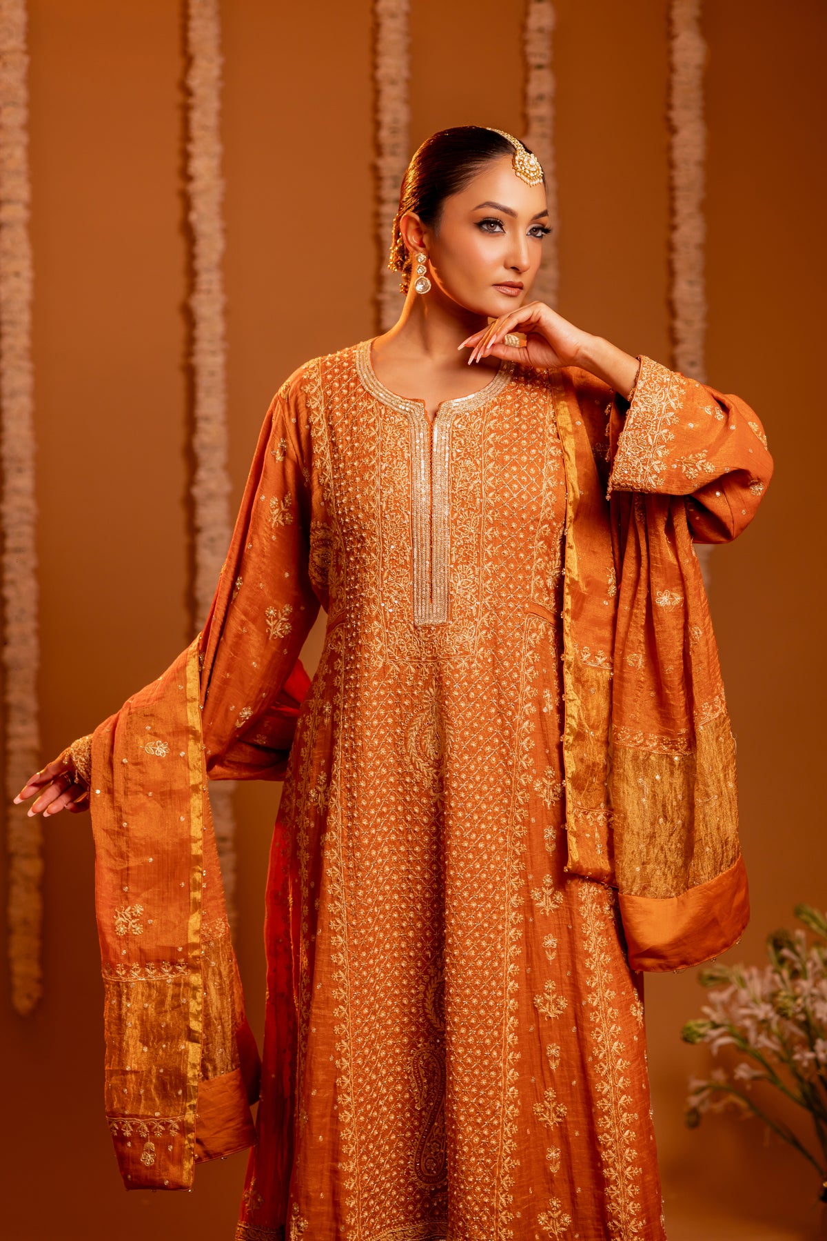Burnt Orange Pure & Premium Tissue Chikankari Anarkali And Dupatta With Bottom