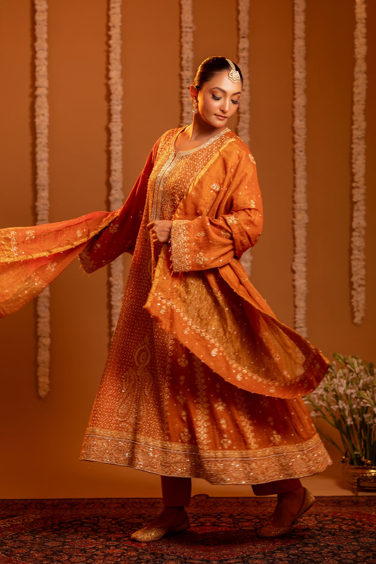 Burnt Orange Pure & Premium Tissue Chikankari Anarkali And Dupatta With Bottom