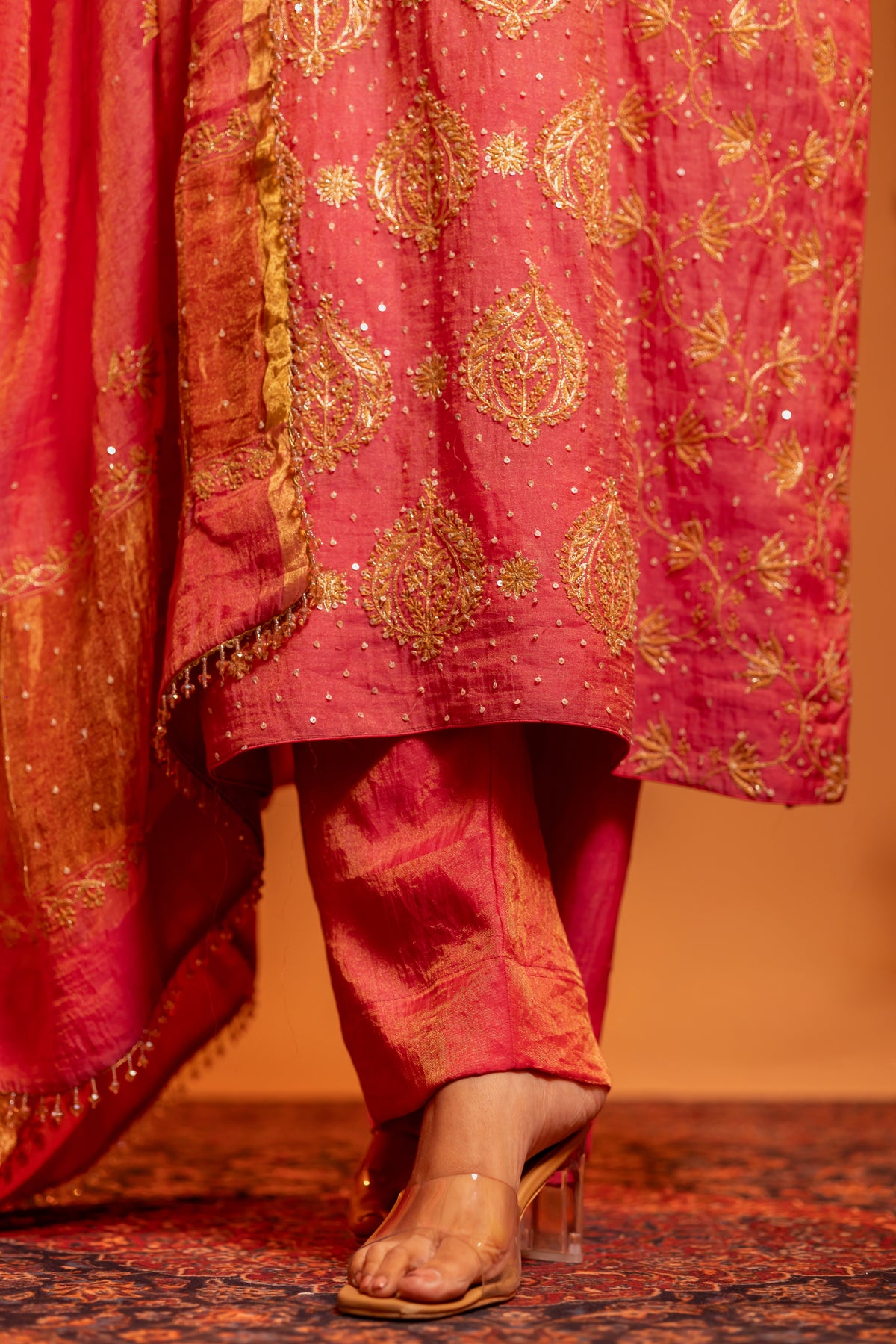 Deep Rose Pink Pure Tissue Chikankari Kurta And Dupatta