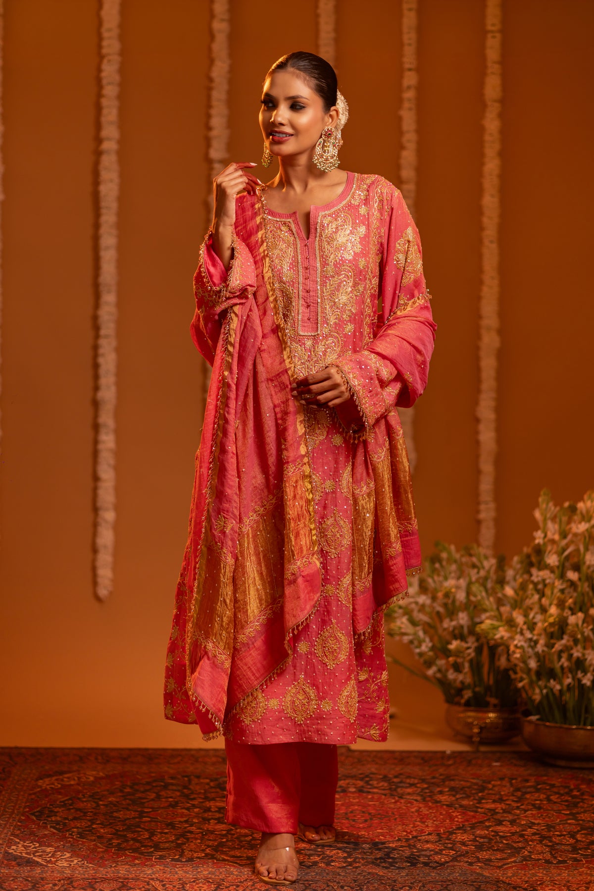 Deep Rose Pink Pure Tissue Chikankari Kurta And Dupatta