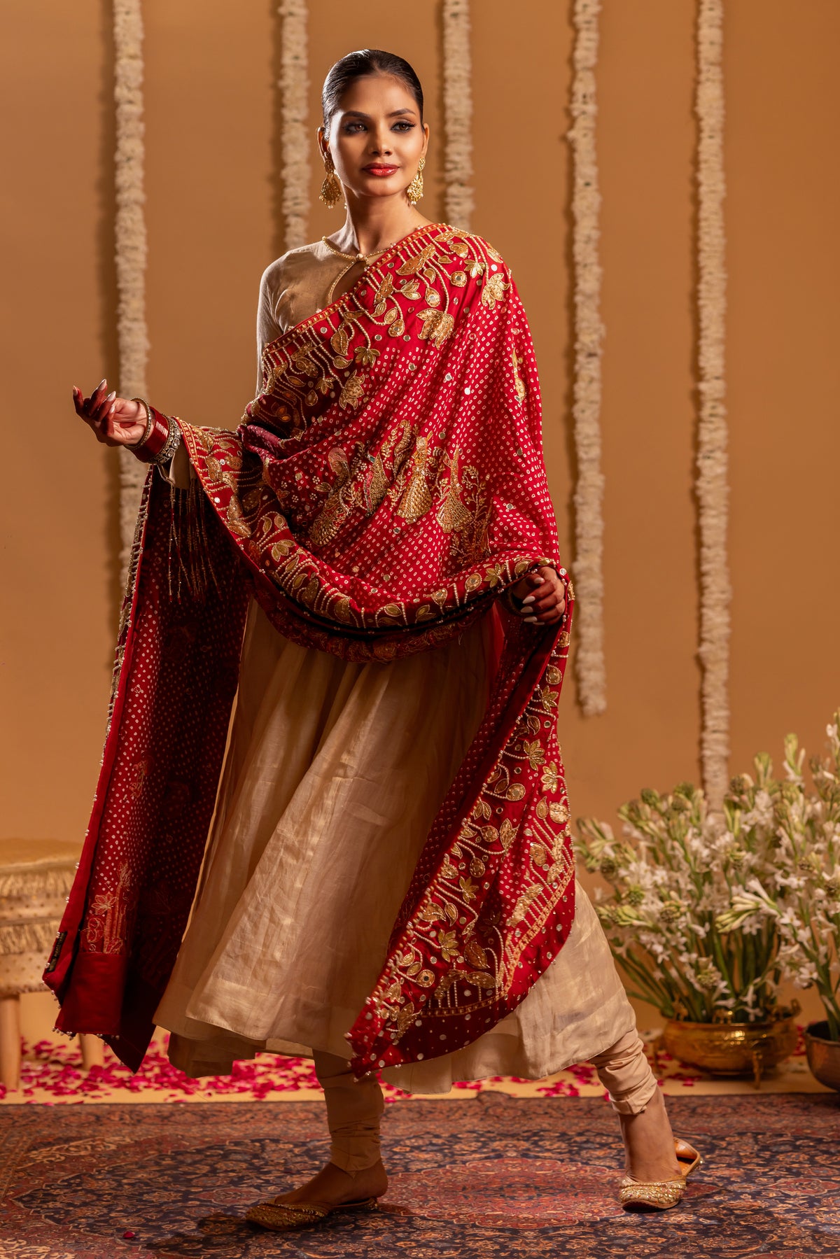 Red Pure Khaddi Georgette Radha Krishna Rasleela Bandhani Dupatta with Tissue Anarkali