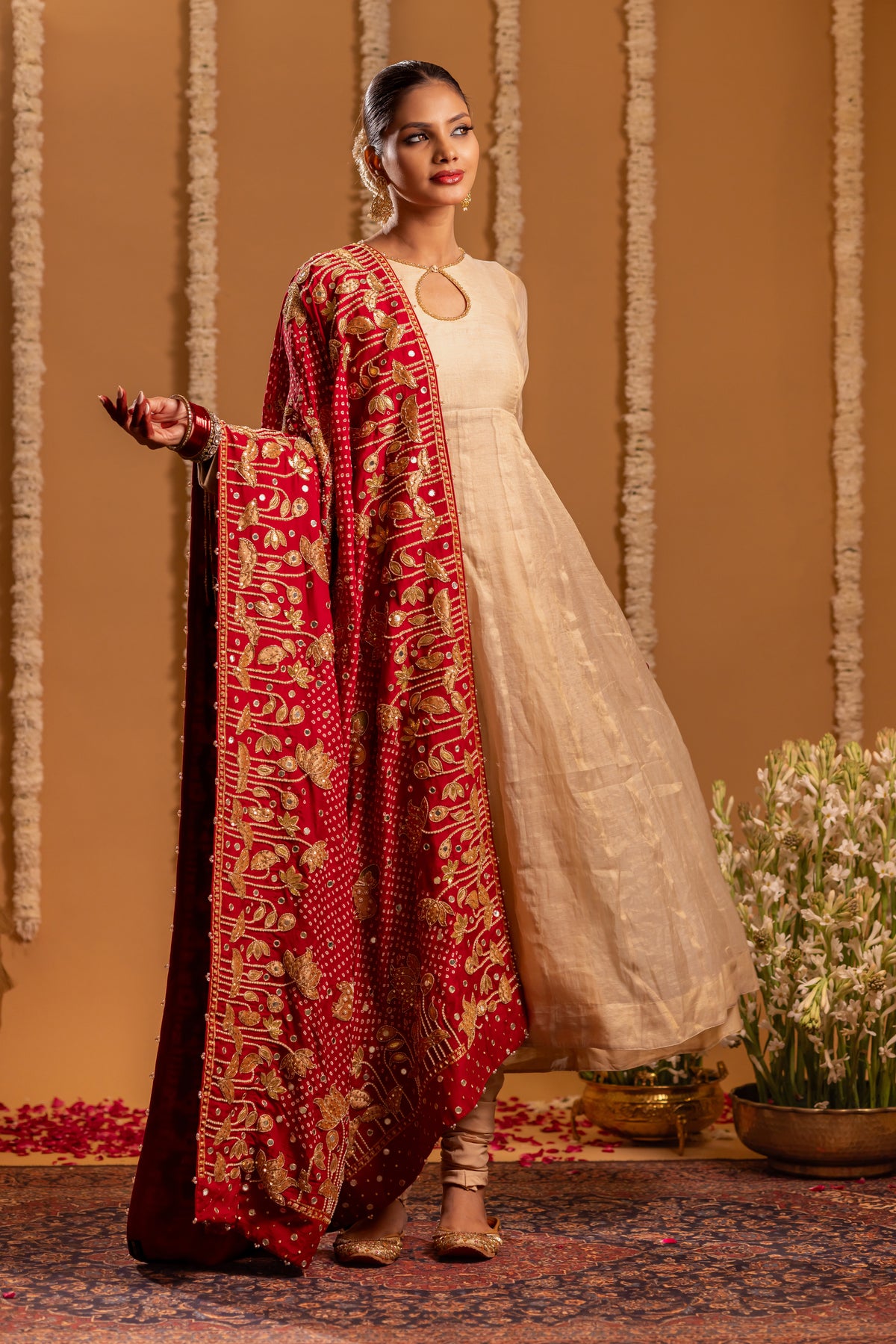 Red Pure Khaddi Georgette Radha Krishna Rasleela Bandhani Dupatta with Tissue Anarkali