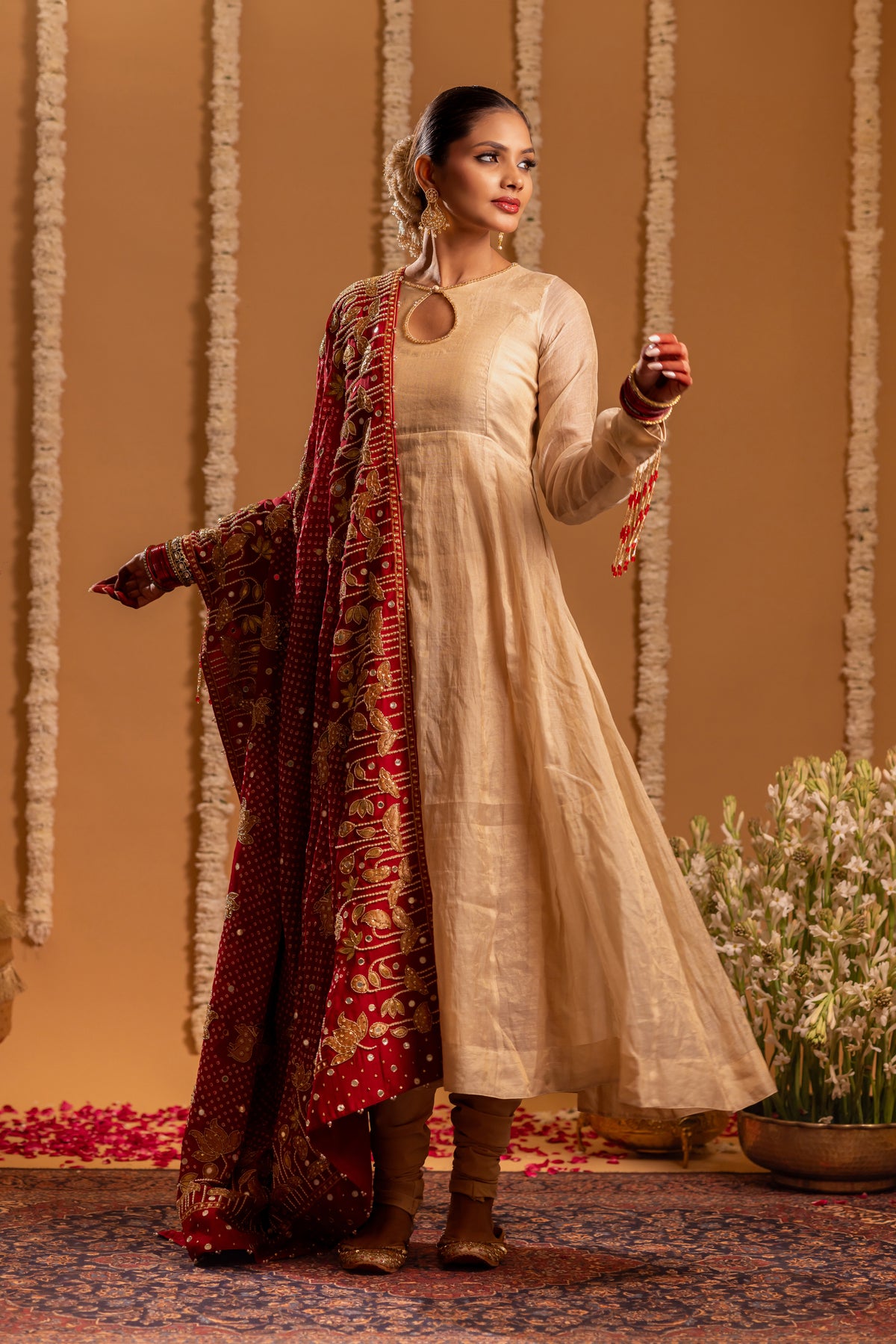 Red Pure Khaddi Georgette Radha Krishna Rasleela Bandhani Dupatta with Tissue Anarkali