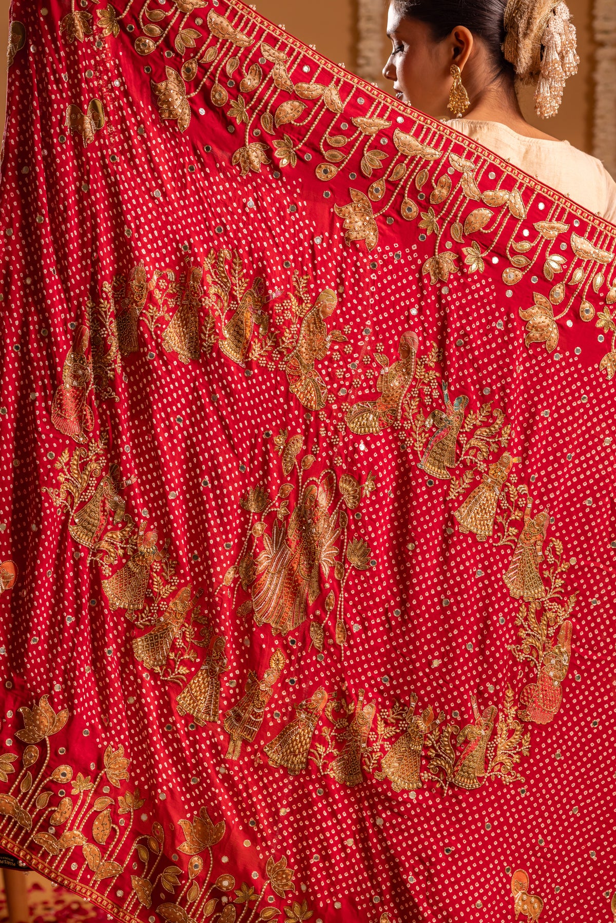 Red Pure Khaddi Georgette Radha Krishna Rasleela Bandhani Dupatta with Tissue Anarkali
