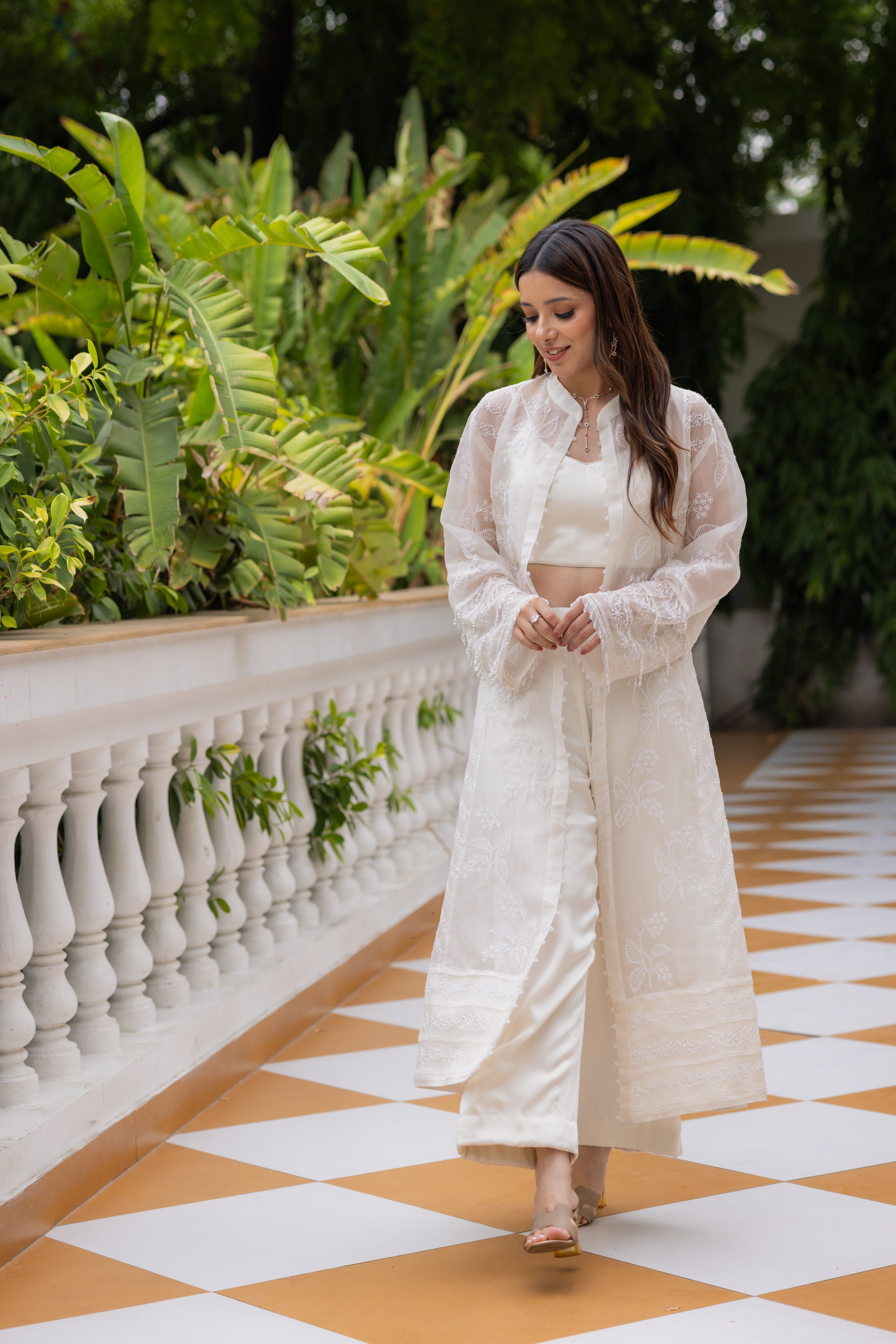Ivory Pure Organza Silk Overlay Ensemble - Pleats PleaseChikankari