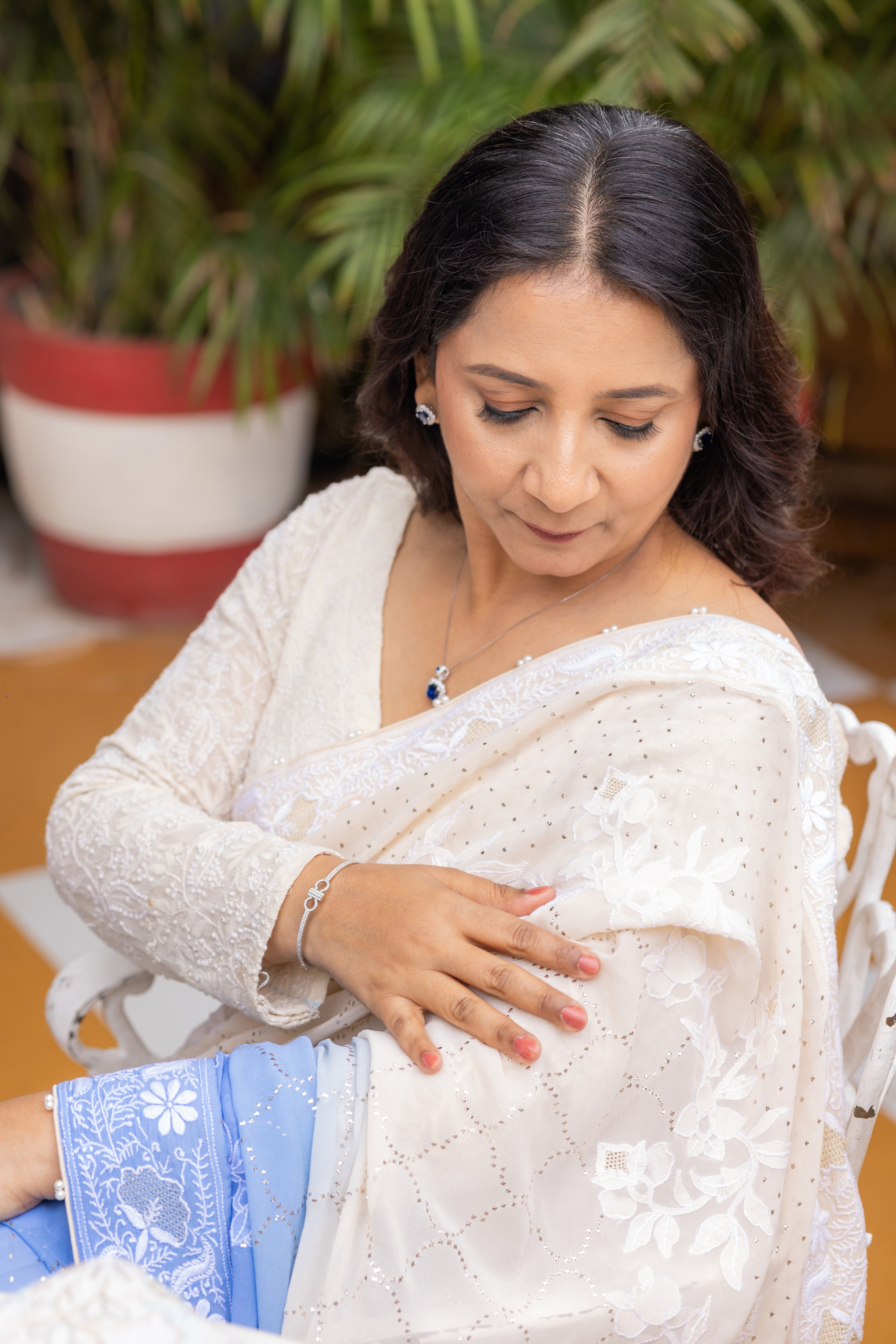 Ivory Serenity Blue Ombre Pure Georgette Chikankari and Mukaish Saree and blouse