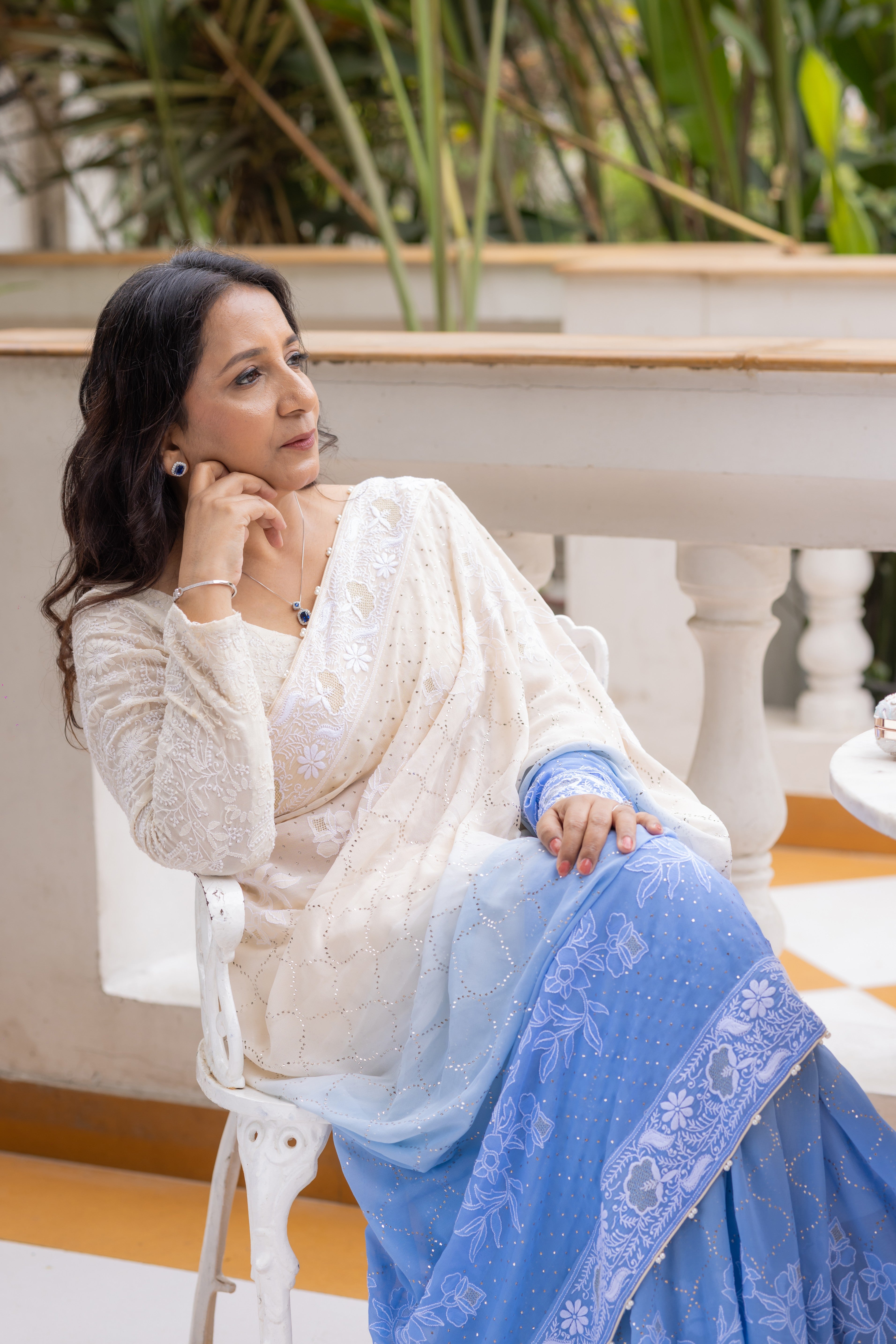 Ivory Serenity Blue Ombre Pure Georgette Chikankari and Mukaish Saree and blouse