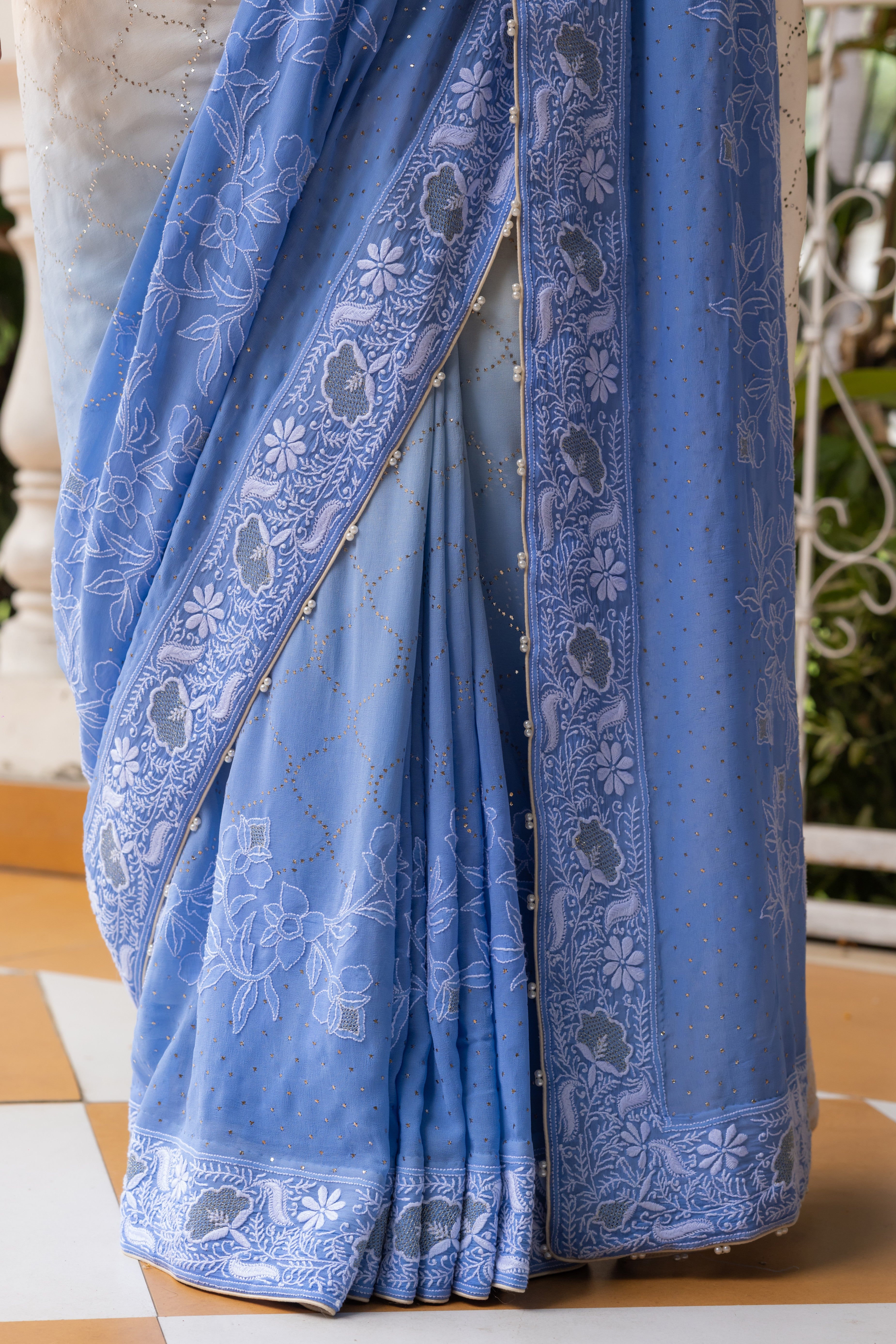 Ivory Serenity Blue Ombre Pure Georgette Chikankari and Mukaish Saree and blouse - Pleats PleaseChikankari