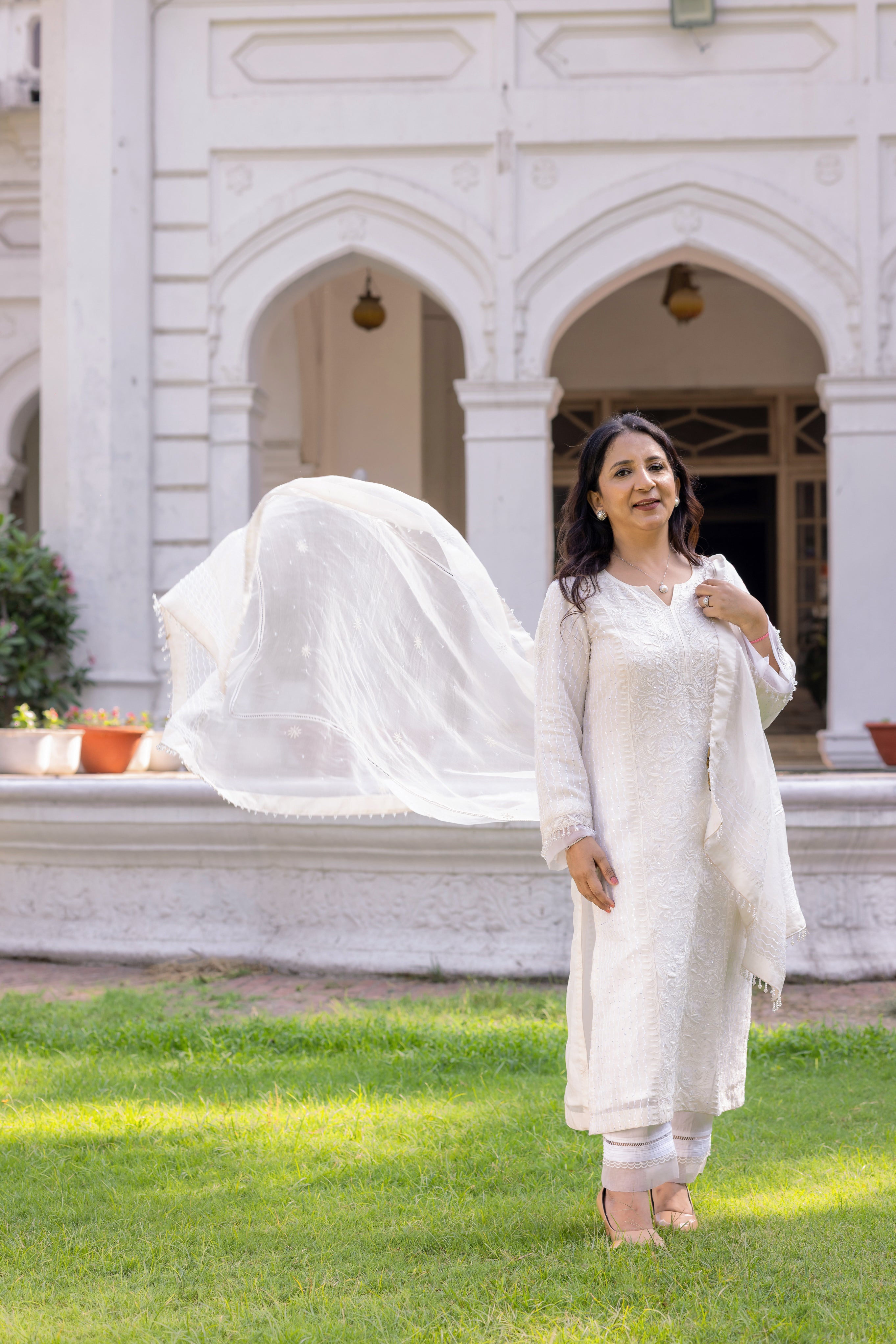 White Pure Organza Silk Chikankari Kurta And Dupatta