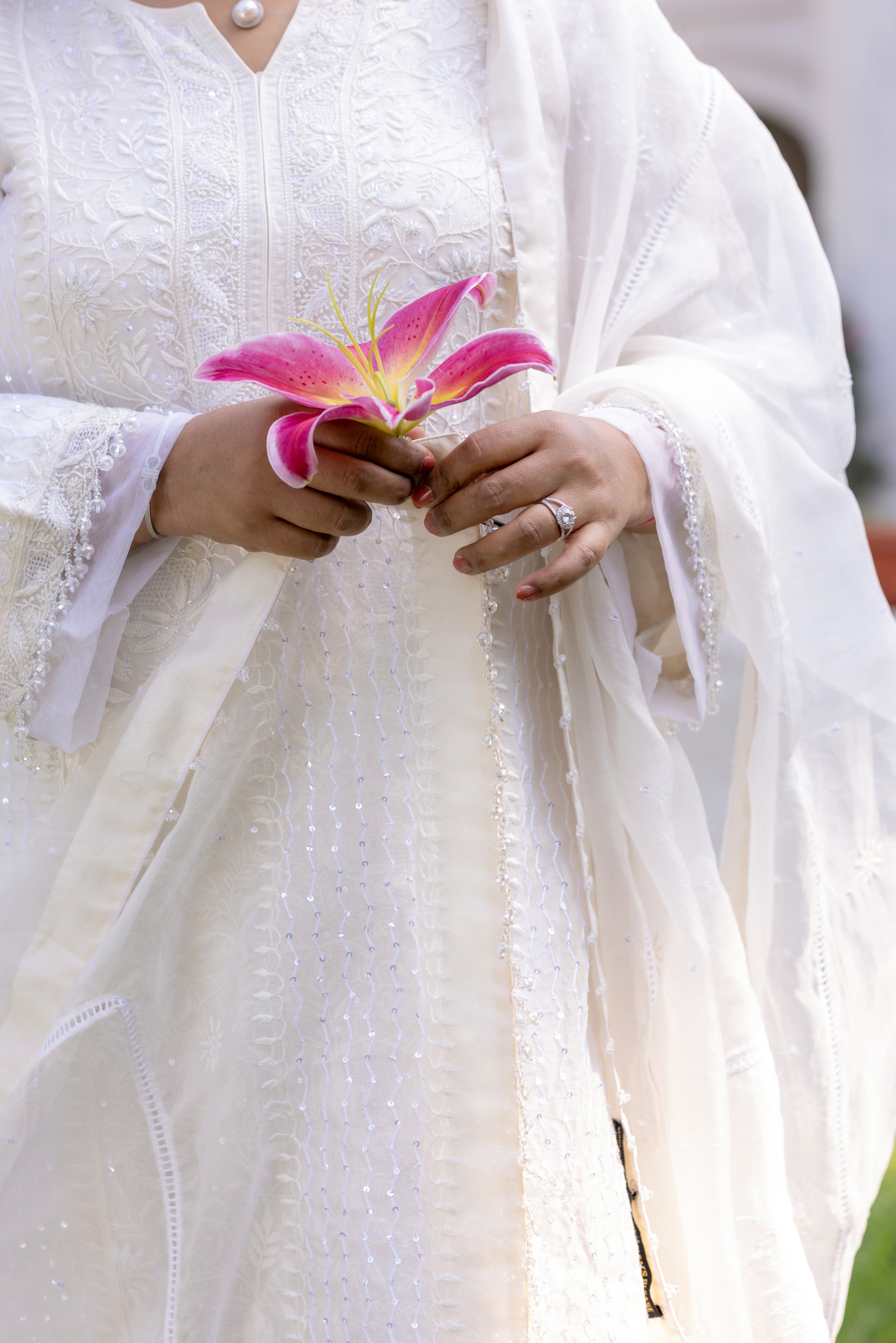 White Pure Organza Silk Chikankari Kurta And Dupatta - Pleats PleaseChikankari