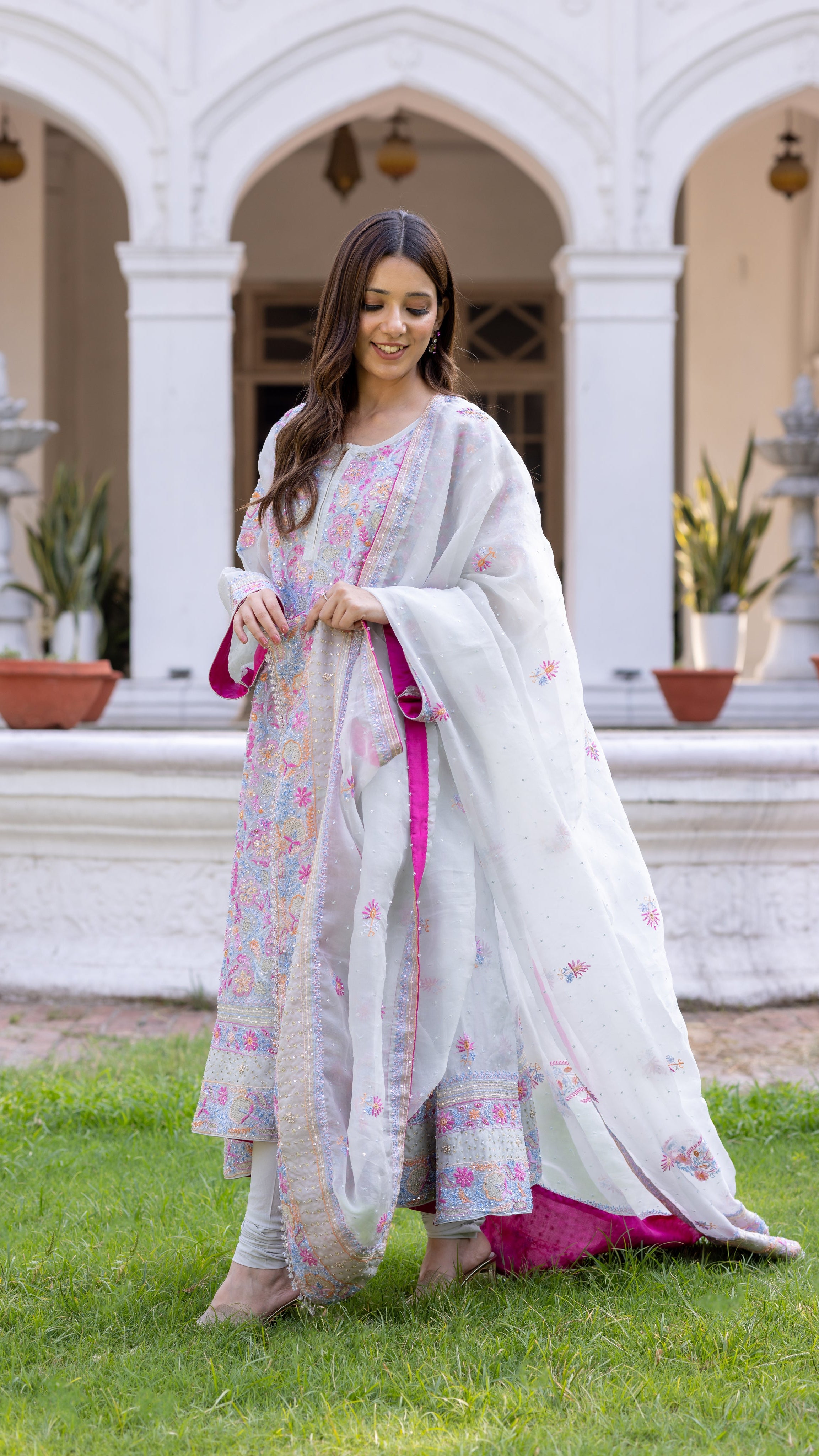 Powder Blue Pure Organza Silk Chikankari Anarkali and Dupatta