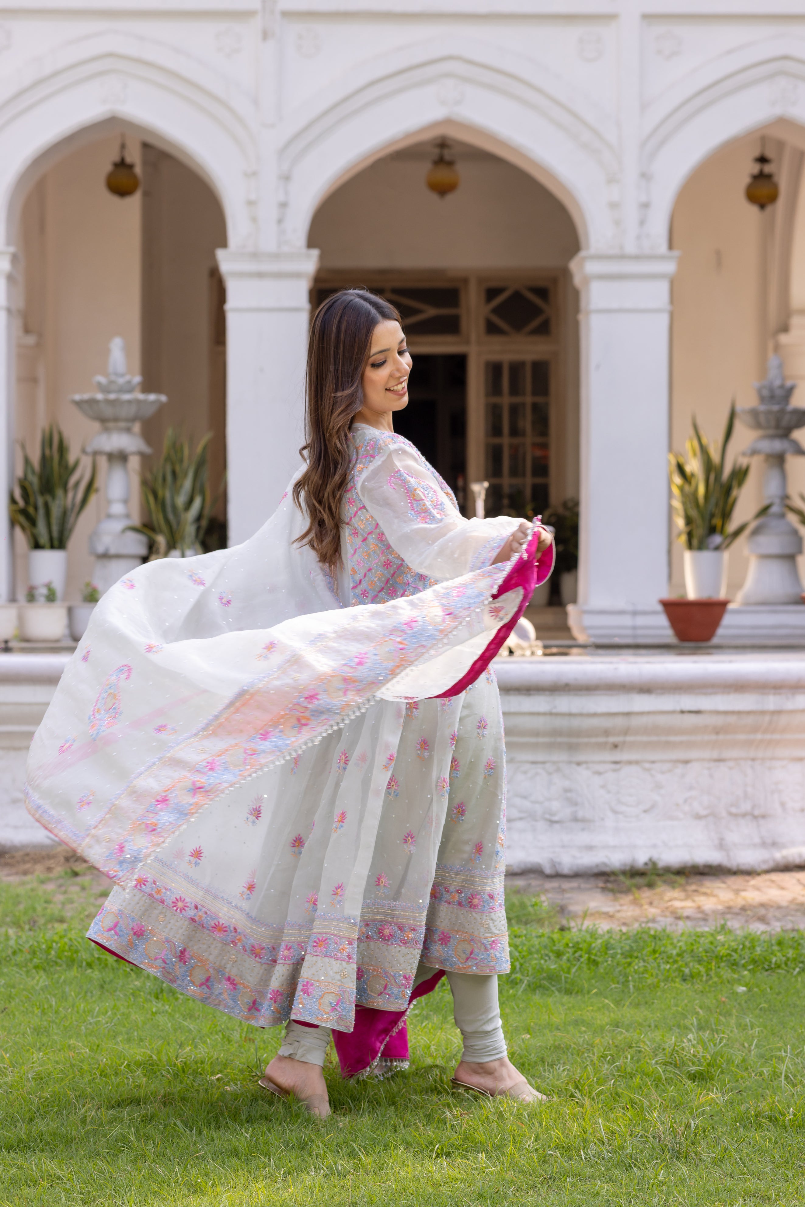 Powder Blue Pure Organza Silk Chikankari Anarkali and Dupatta