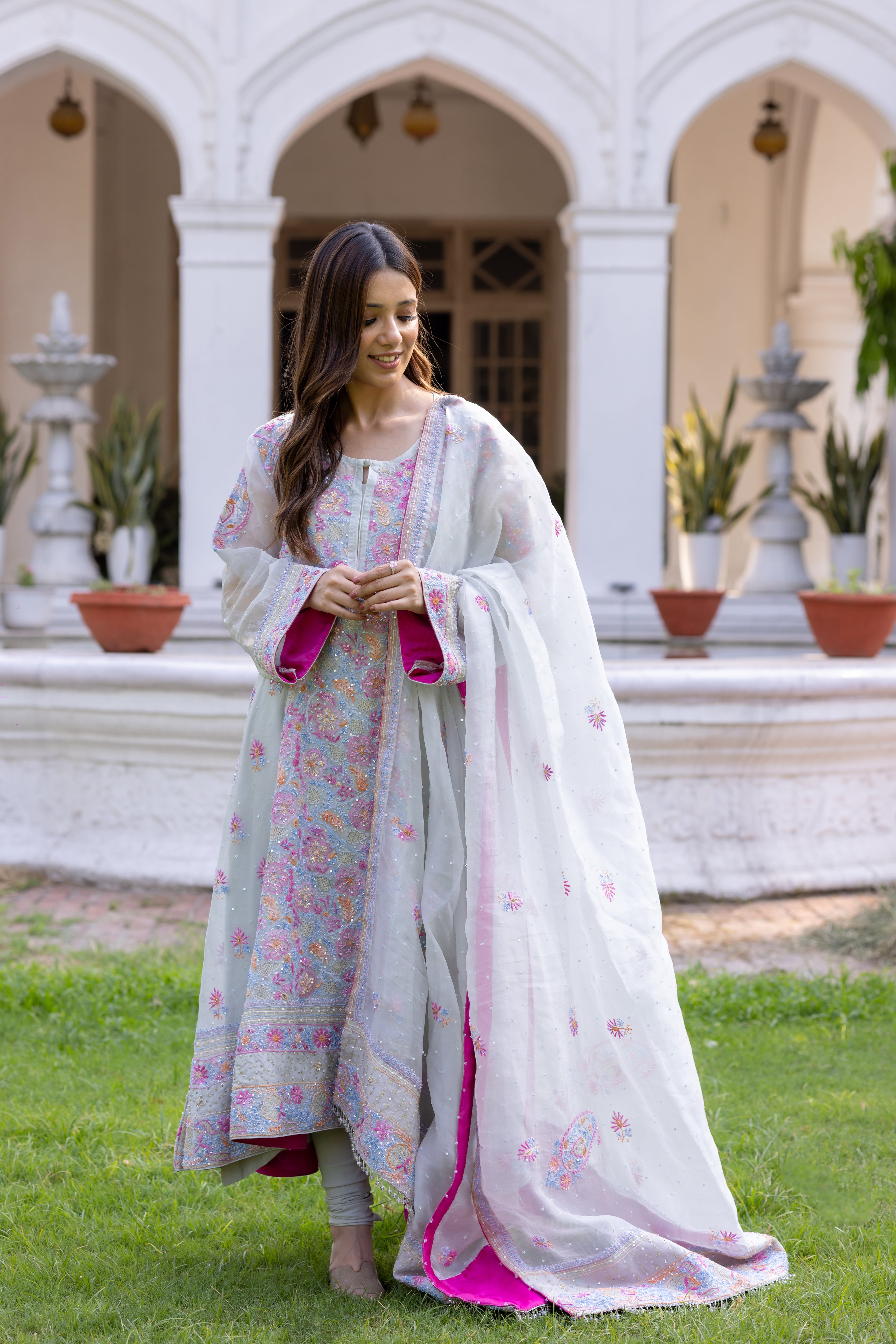 Powder Blue Pure Organza Silk Chikankari Anarkali and Dupatta - Pleats PleaseChikankari