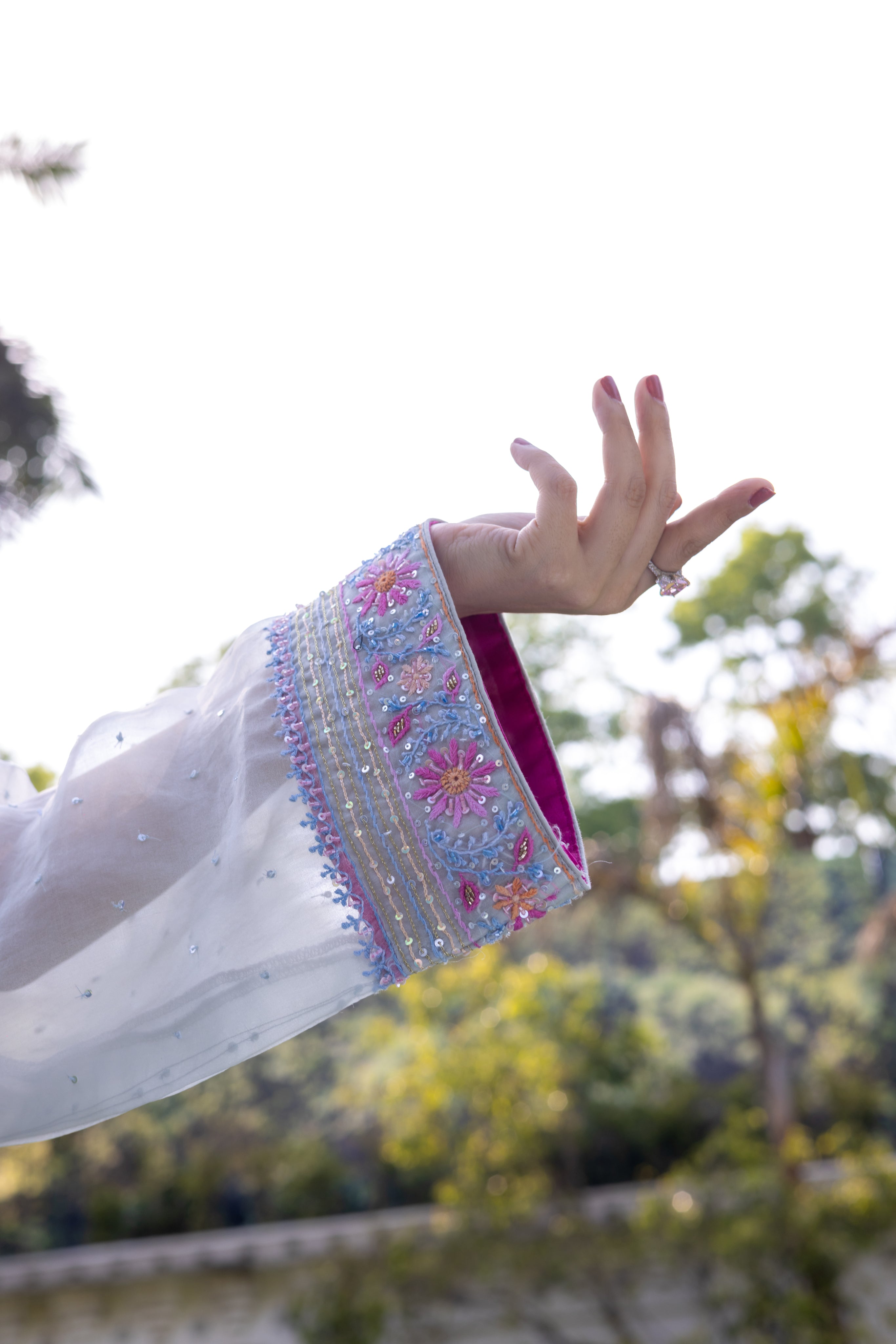 Powder Blue Pure Organza Silk Chikankari Anarkali and Dupatta - Pleats PleaseChikankari