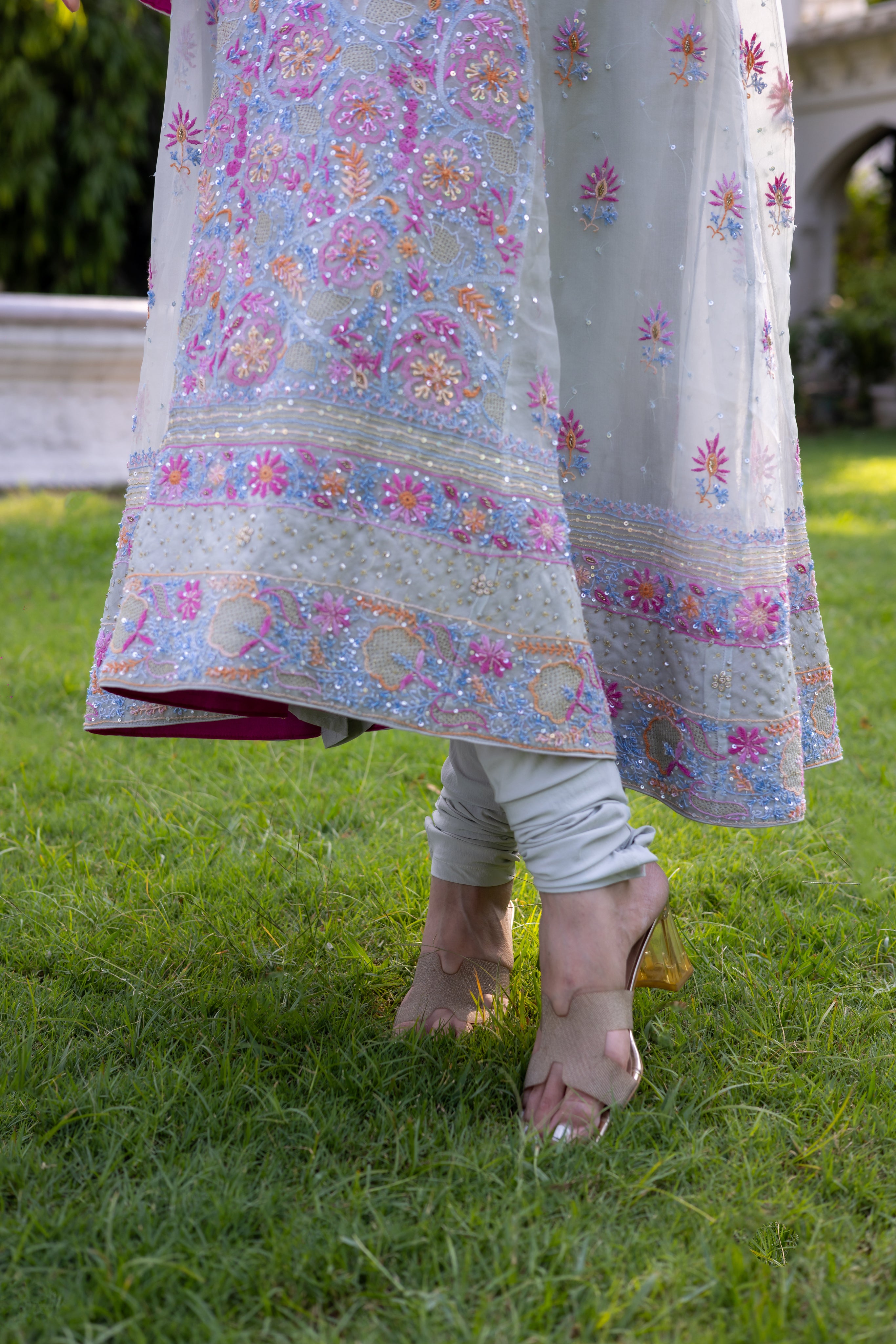 Powder Blue Pure Organza Silk Chikankari Anarkali and Dupatta - Pleats PleaseChikankari