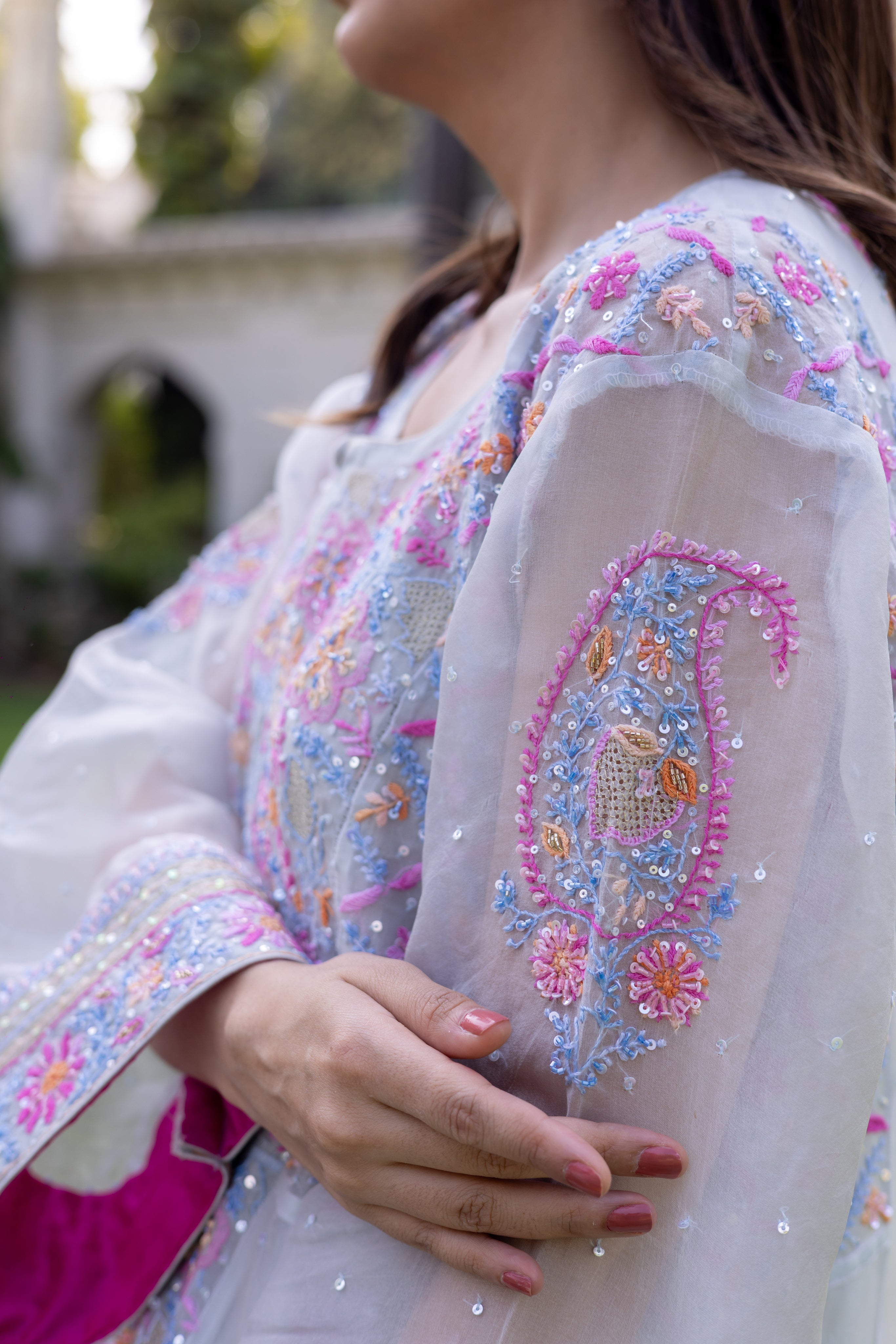Powder Blue Pure Organza Silk Chikankari Anarkali and Dupatta - Pleats PleaseChikankari
