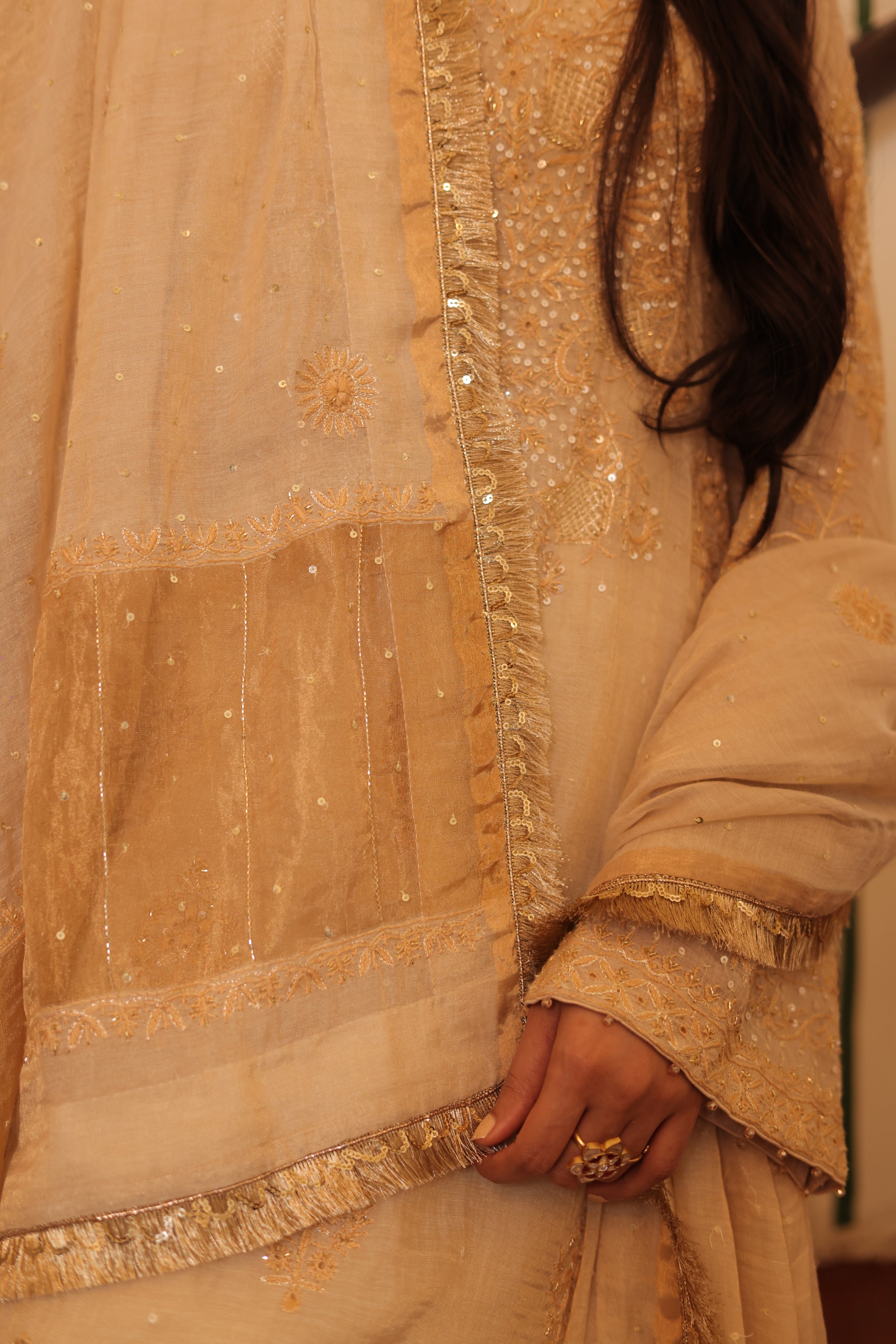 Handcrafted Dyeable Pure & Premium Gold Tissue Chikanakri Choga Kurta Set