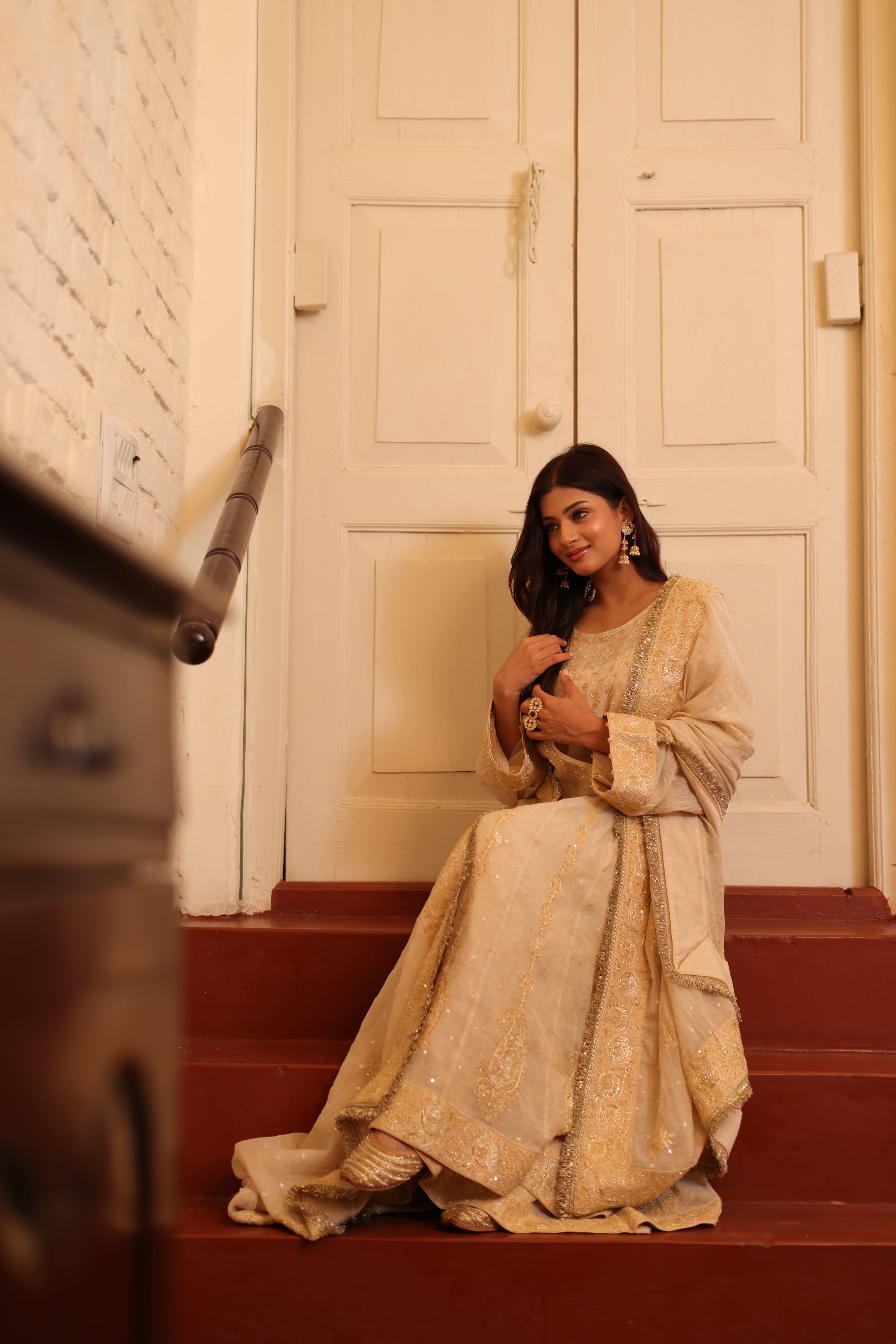 Handcrafted Dyeable Pure & Premium Gold Tissue Chikankari Angrakha Anarkali Set