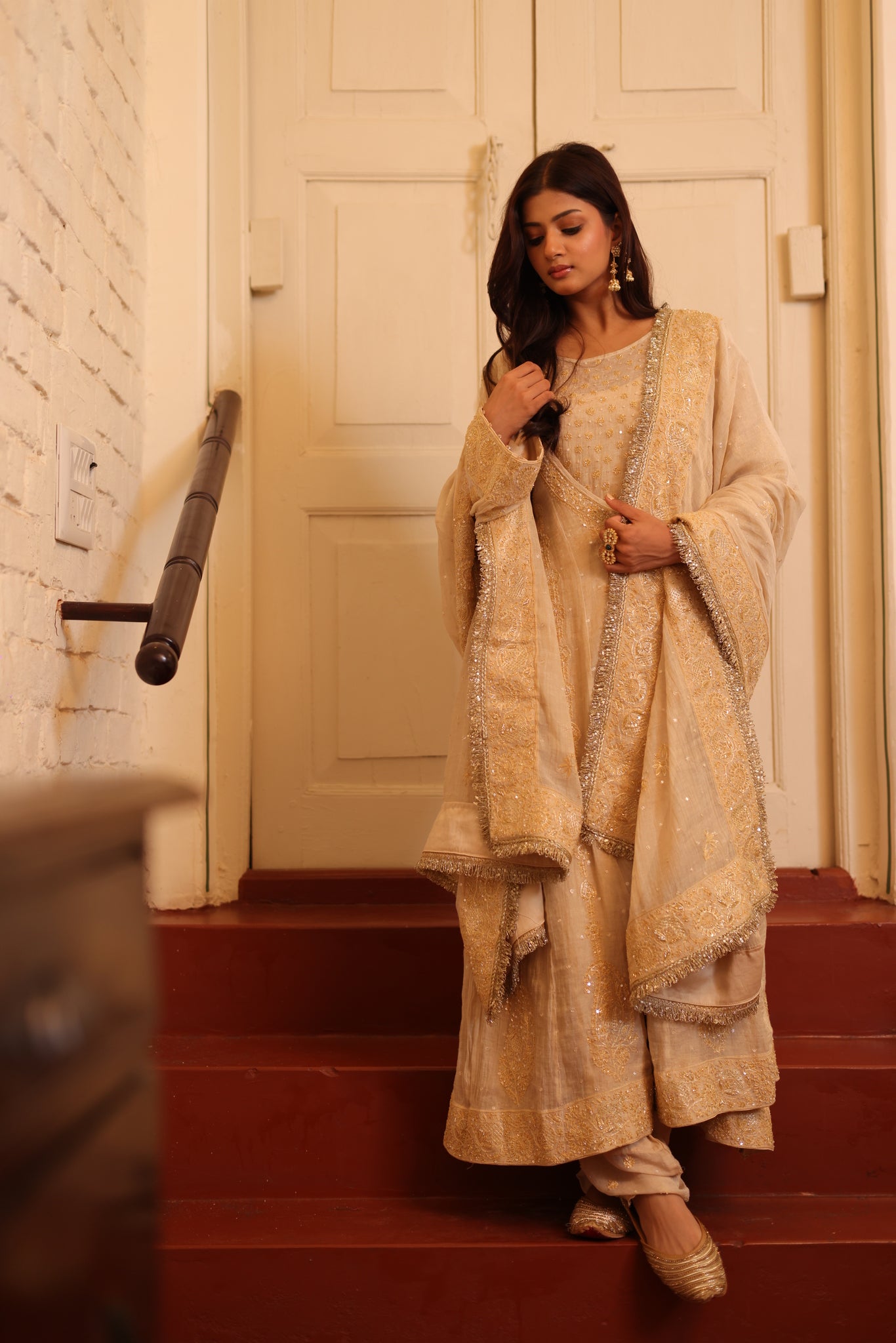 Handcrafted Dyeable Pure & Premium Gold Tissue Chikankari Angrakha Anarkali Set