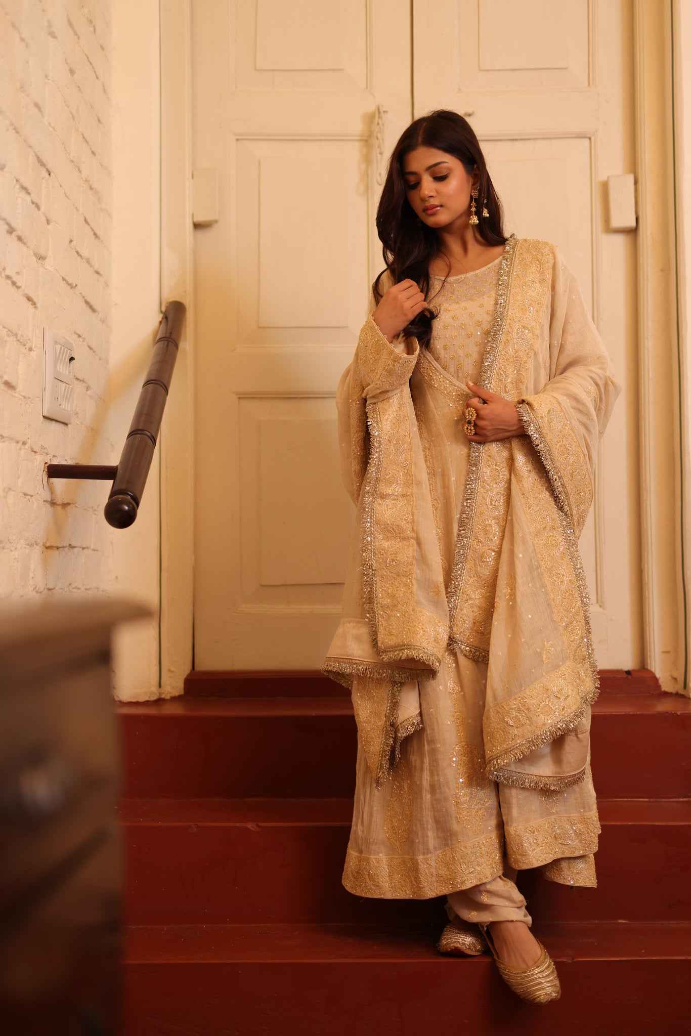 Handcrafted Dyeable Pure & Premium Gold Tissue Chikankari Angrakha Anarkali Set