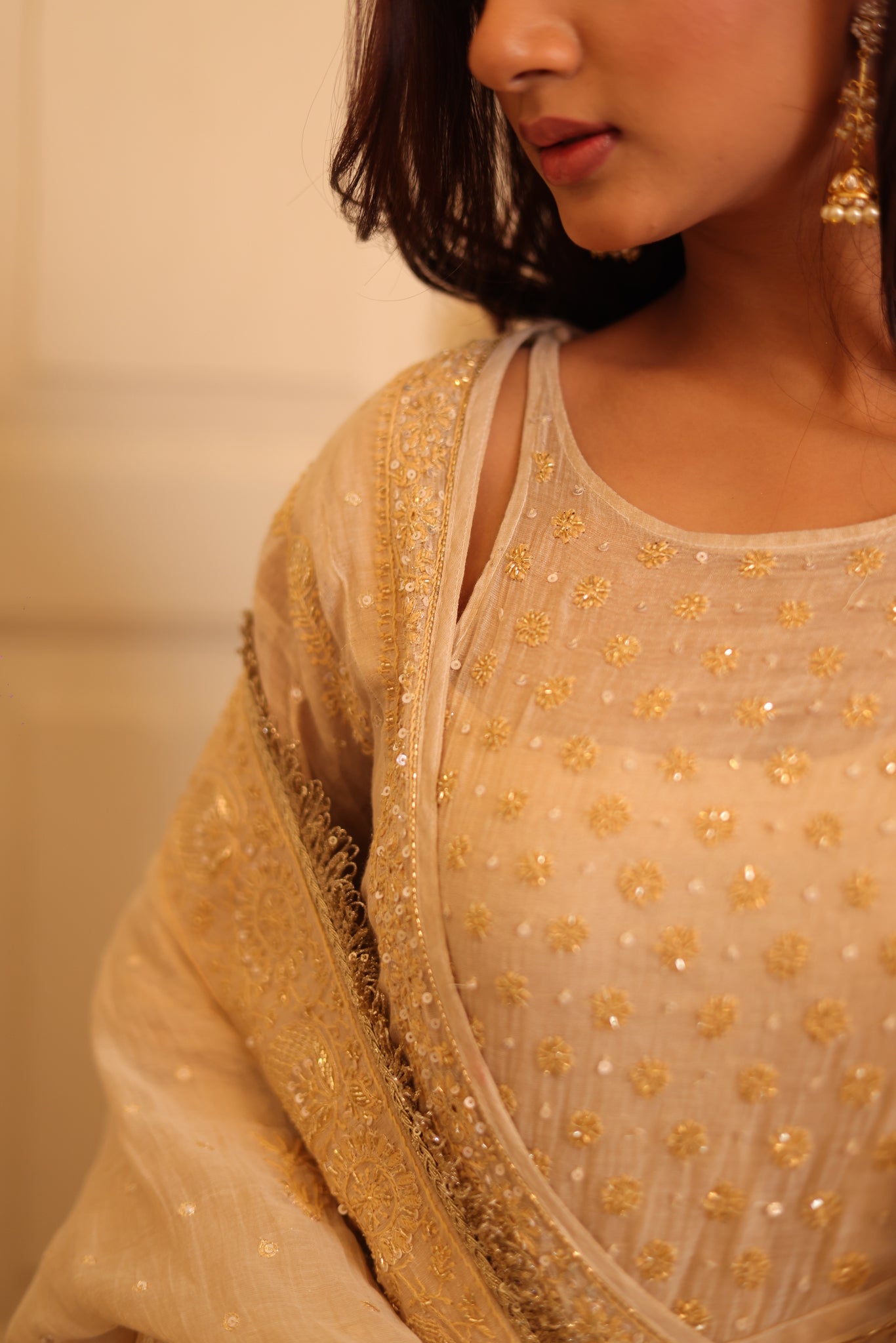 Handcrafted Dyeable Pure & Premium Gold Tissue Chikankari Angrakha Anarkali Set