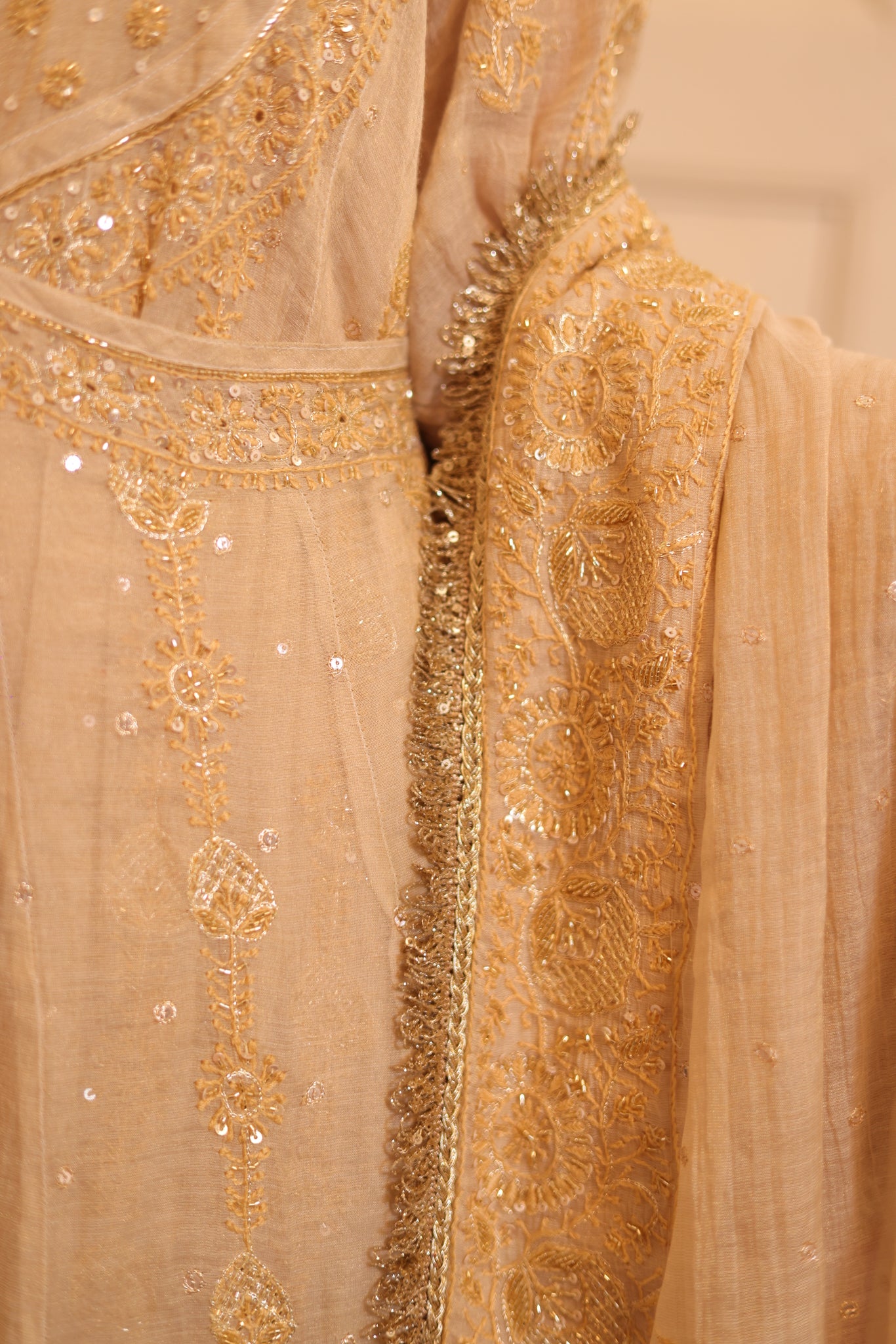 Handcrafted Dyeable Pure & Premium Gold Tissue Chikankari Angrakha Anarkali Set