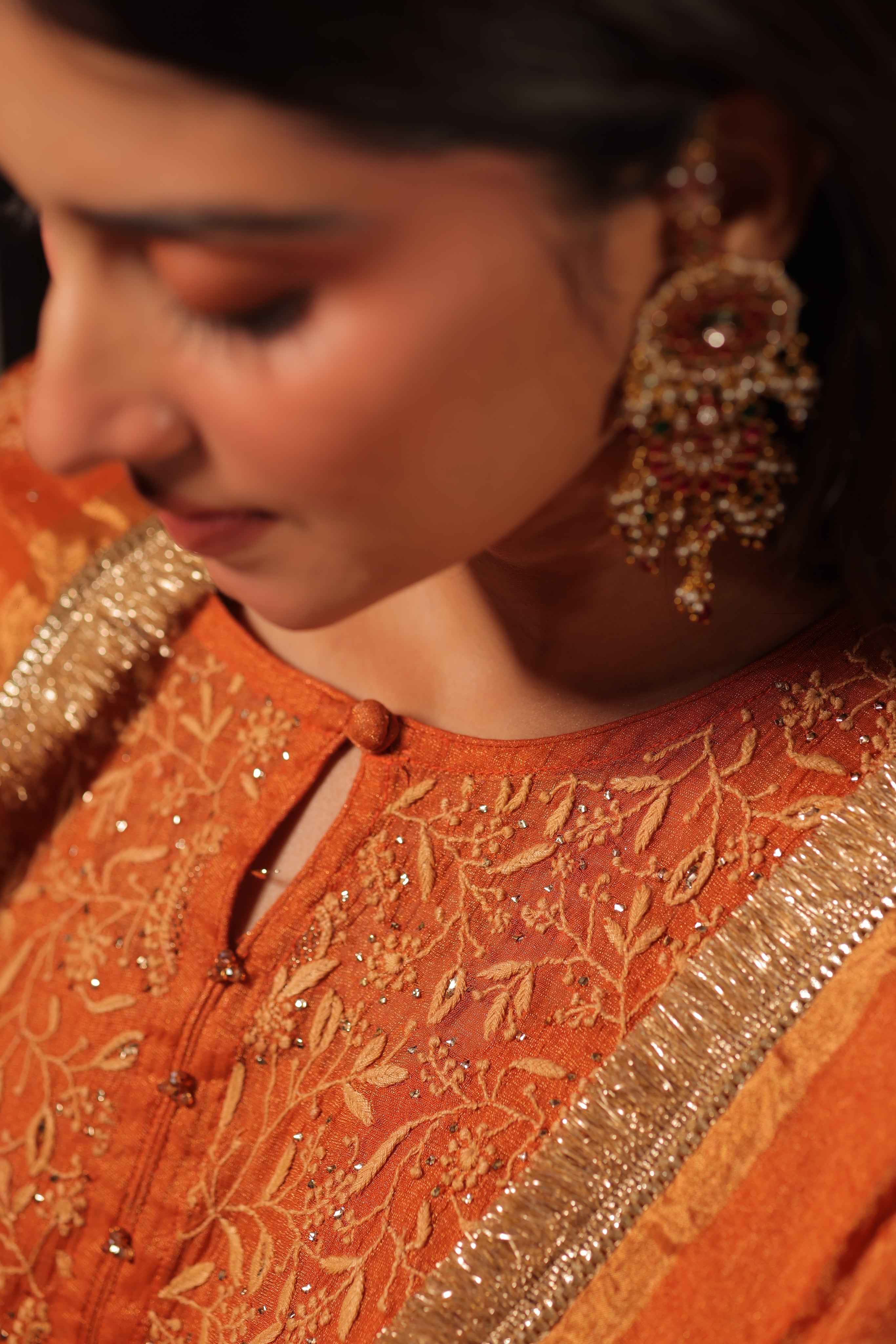 Handcrafted Pure & Premium Burnt Orange Tissue Chikankari Kurta And Sharara Set
