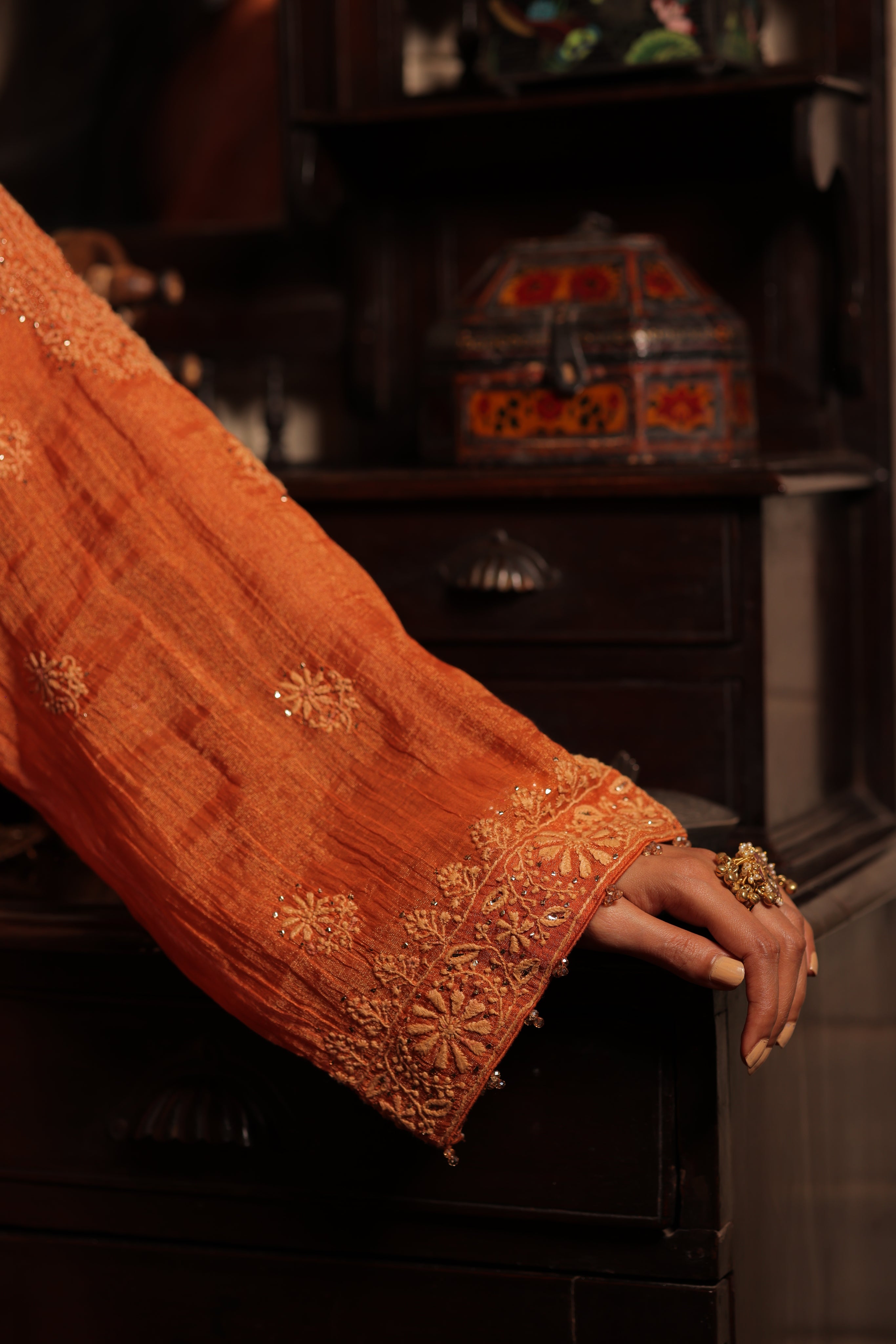 Handcrafted Pure & Premium Burnt Orange Tissue Chikankari Kurta And Sharara Set