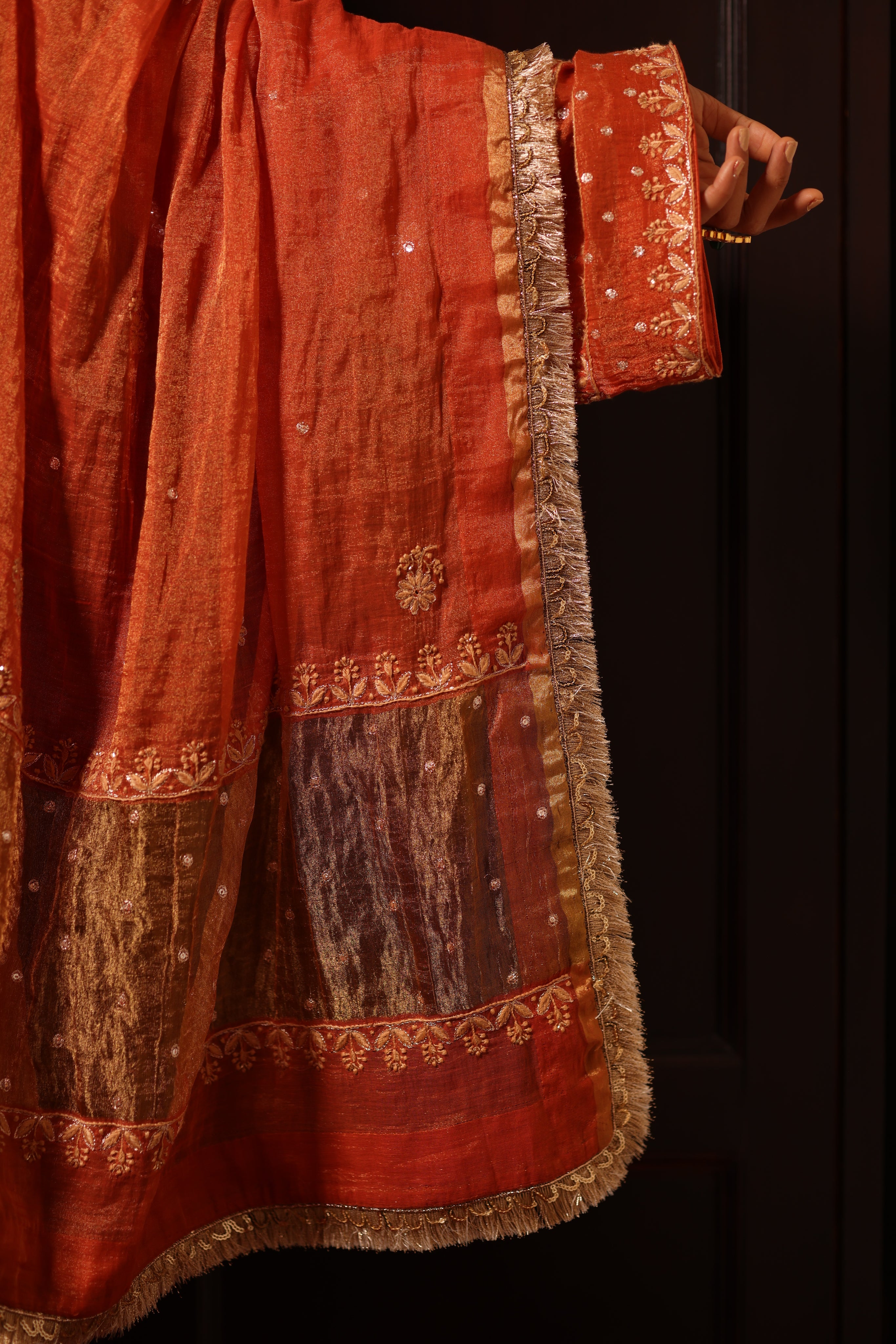 Handcrafted Pure & Premium Burnt Orange Tissue Chikankari Kurta Set
