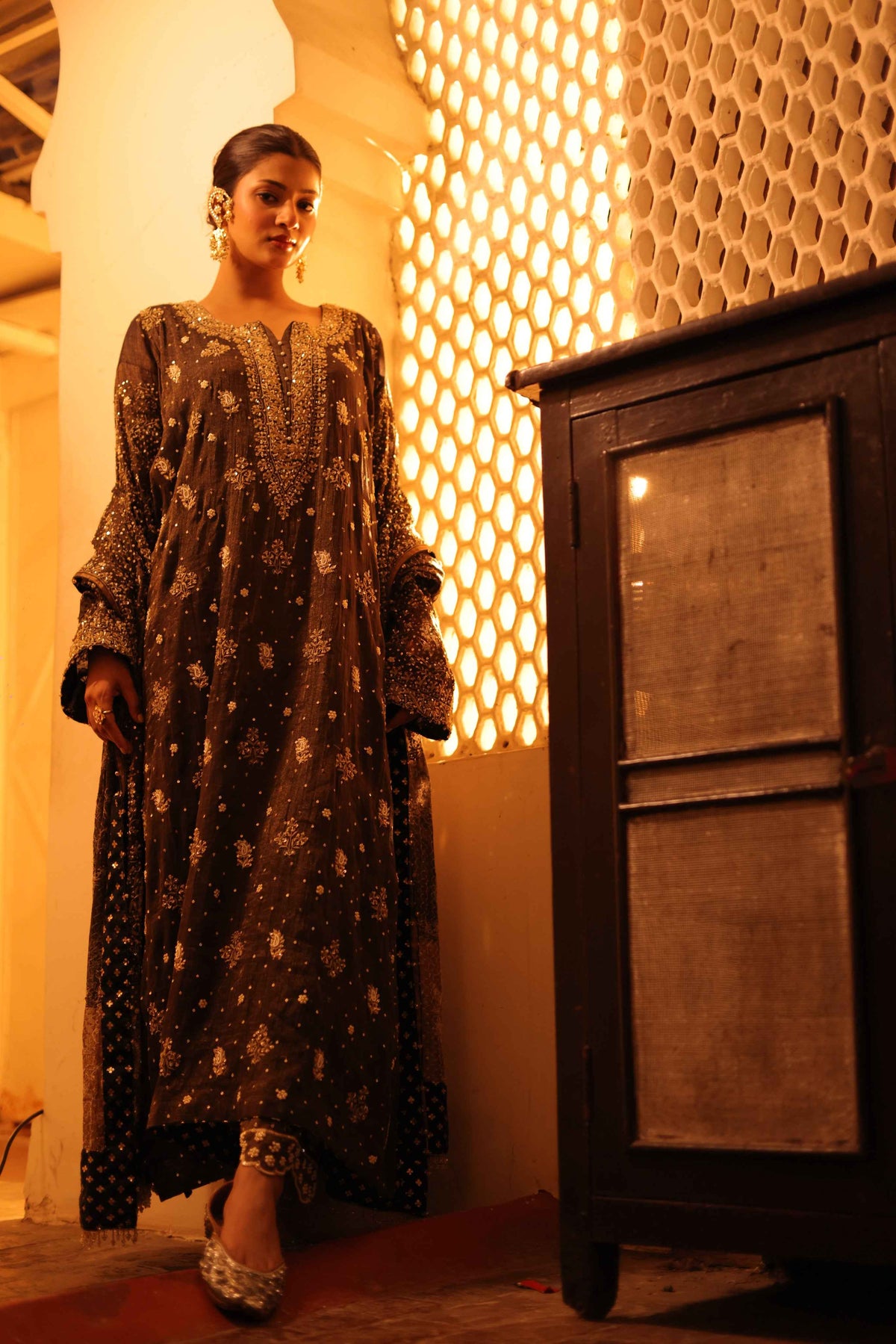 Handcrafted Pure & Premium Coco Brown Tissue Chikankari Kurta Set