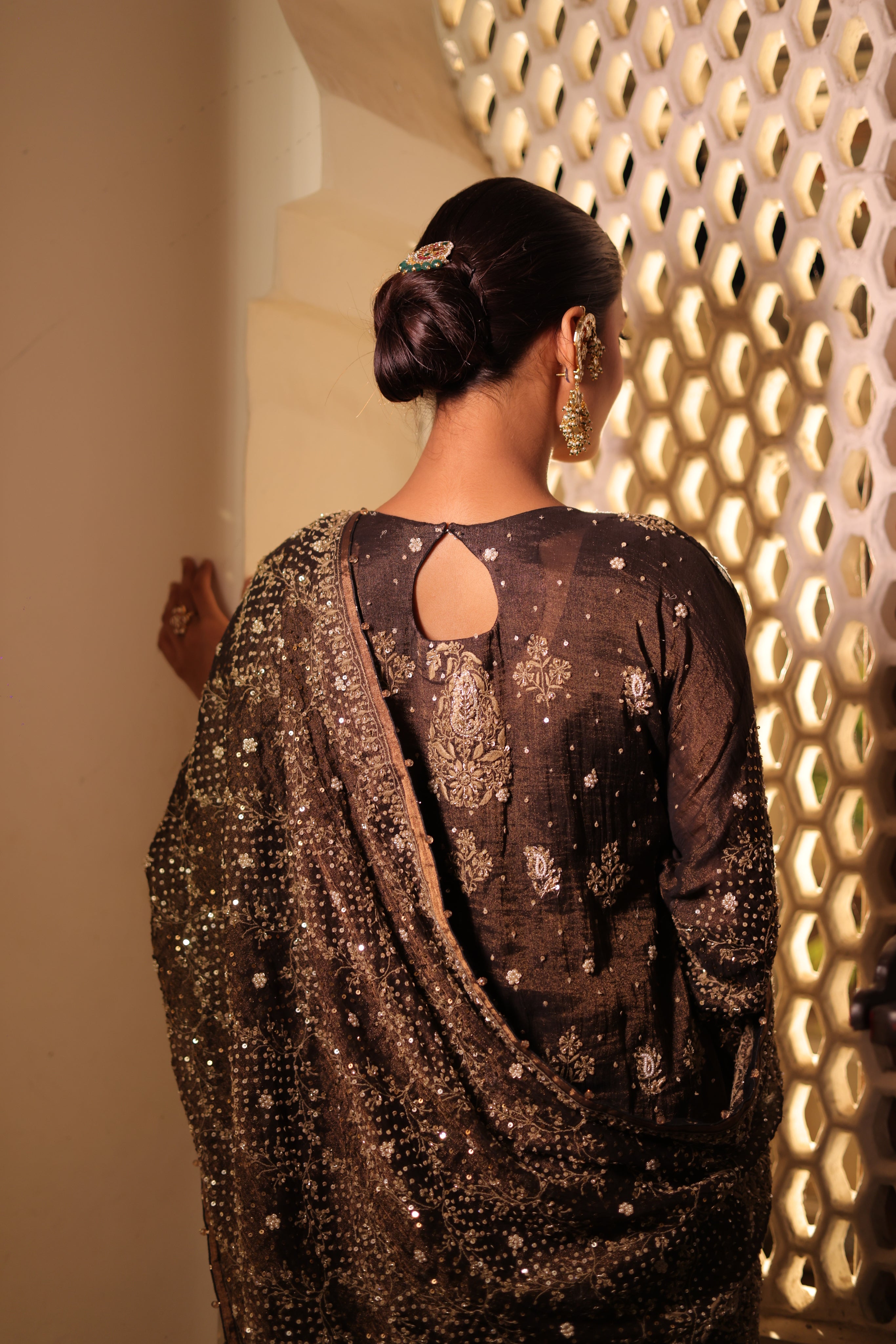 Handcrafted Pure & Premium Coco Brown Tissue Chikankari Kurta Set