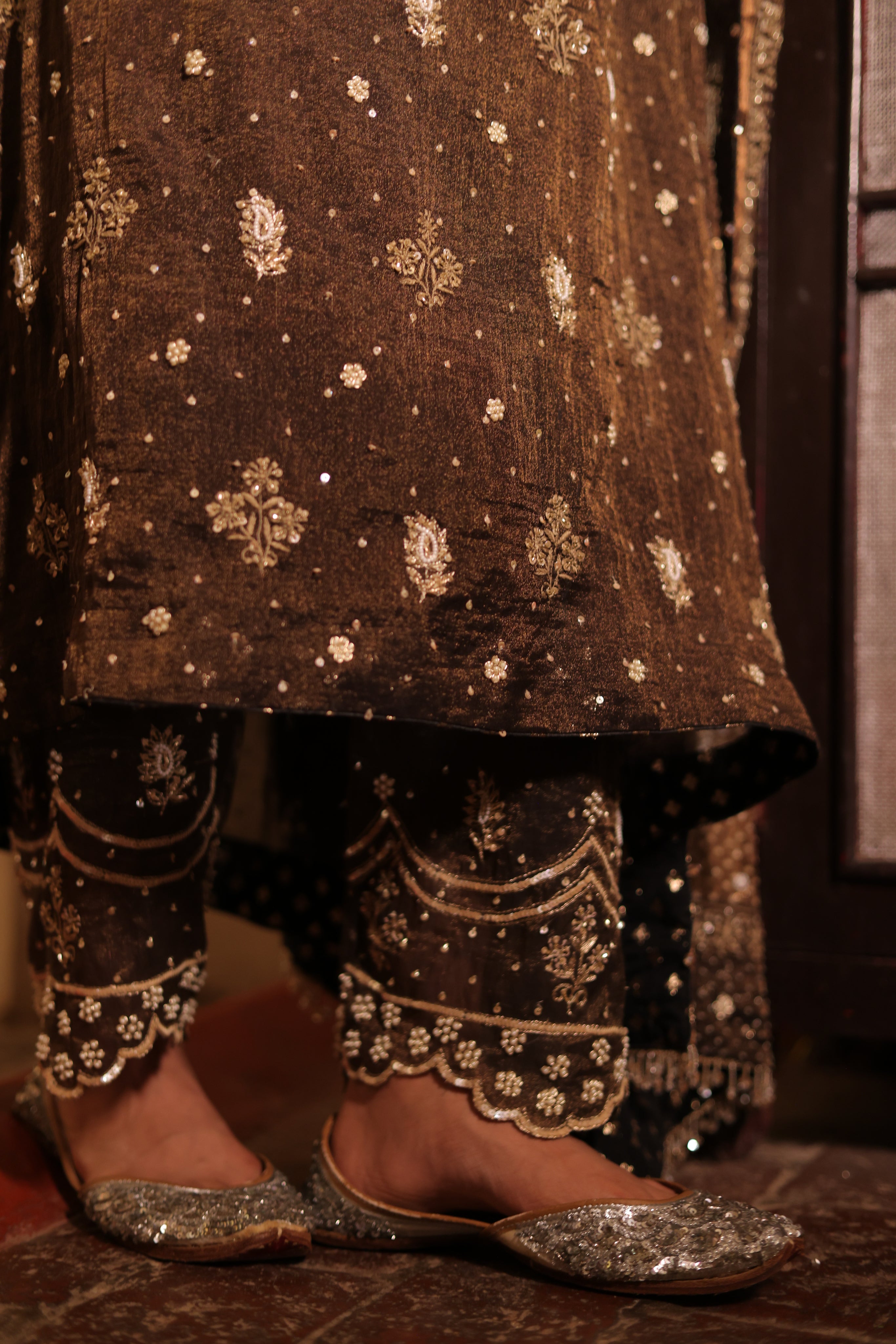 Handcrafted Pure & Premium Coco Brown Tissue Chikankari Kurta Set