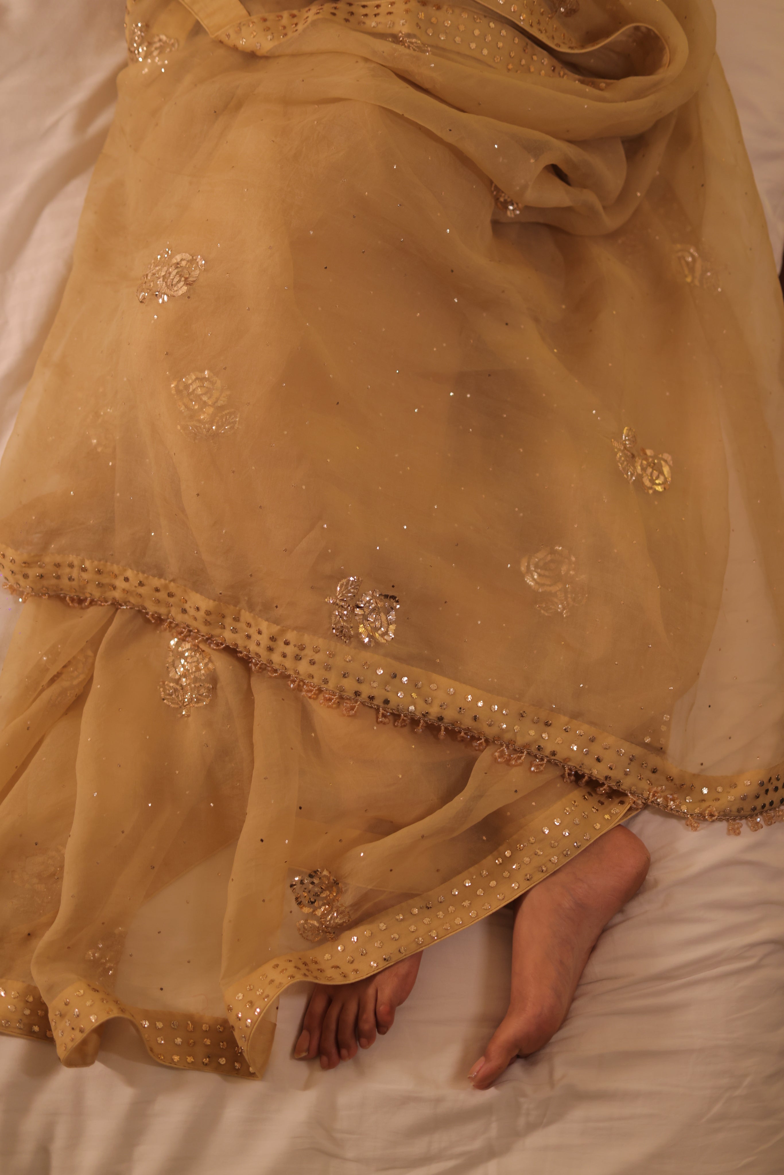 Handcrafted Pure & Premium Golden Sand Organza Mukaish Saree