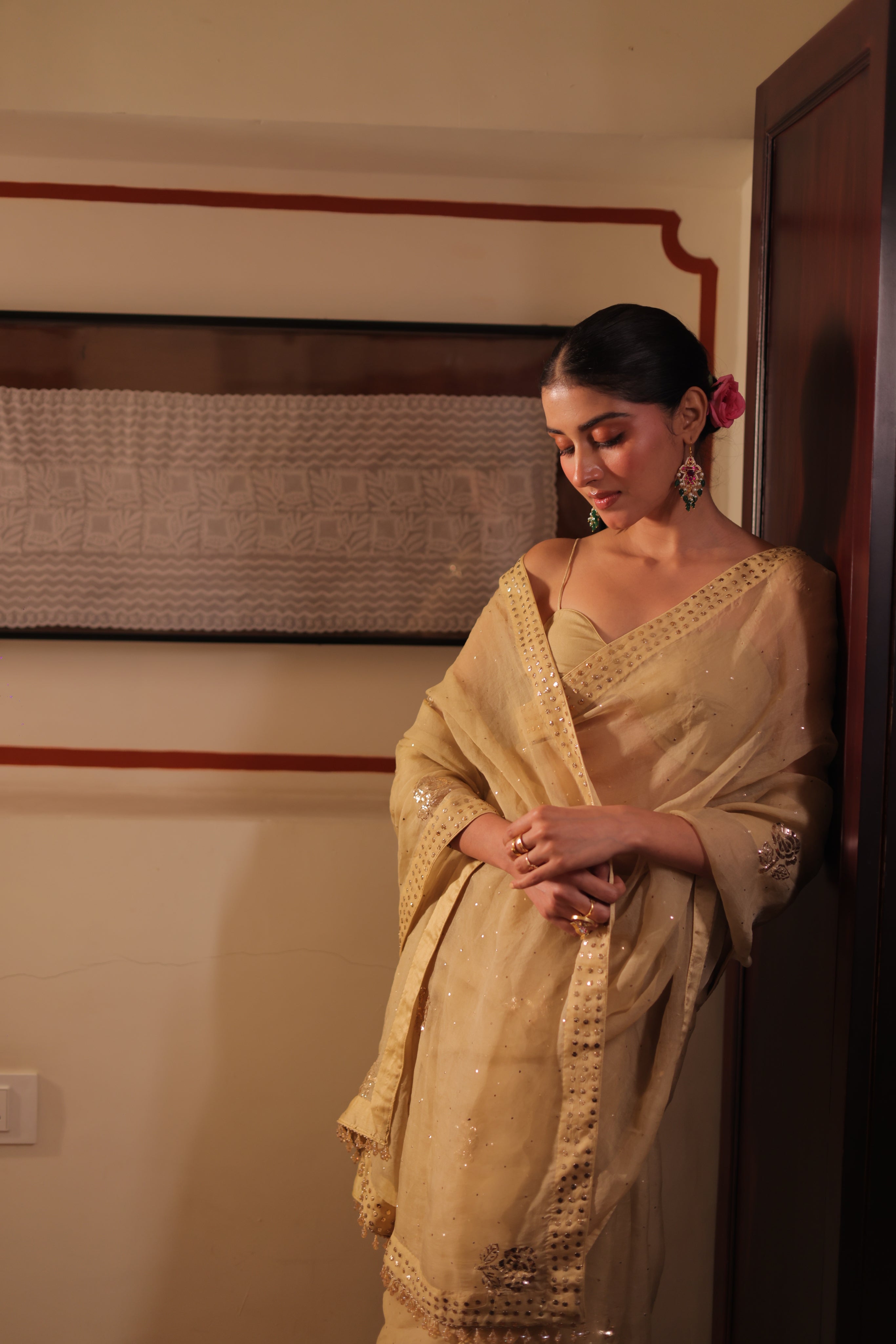 Handcrafted Pure & Premium Golden Sand Organza Mukaish Saree