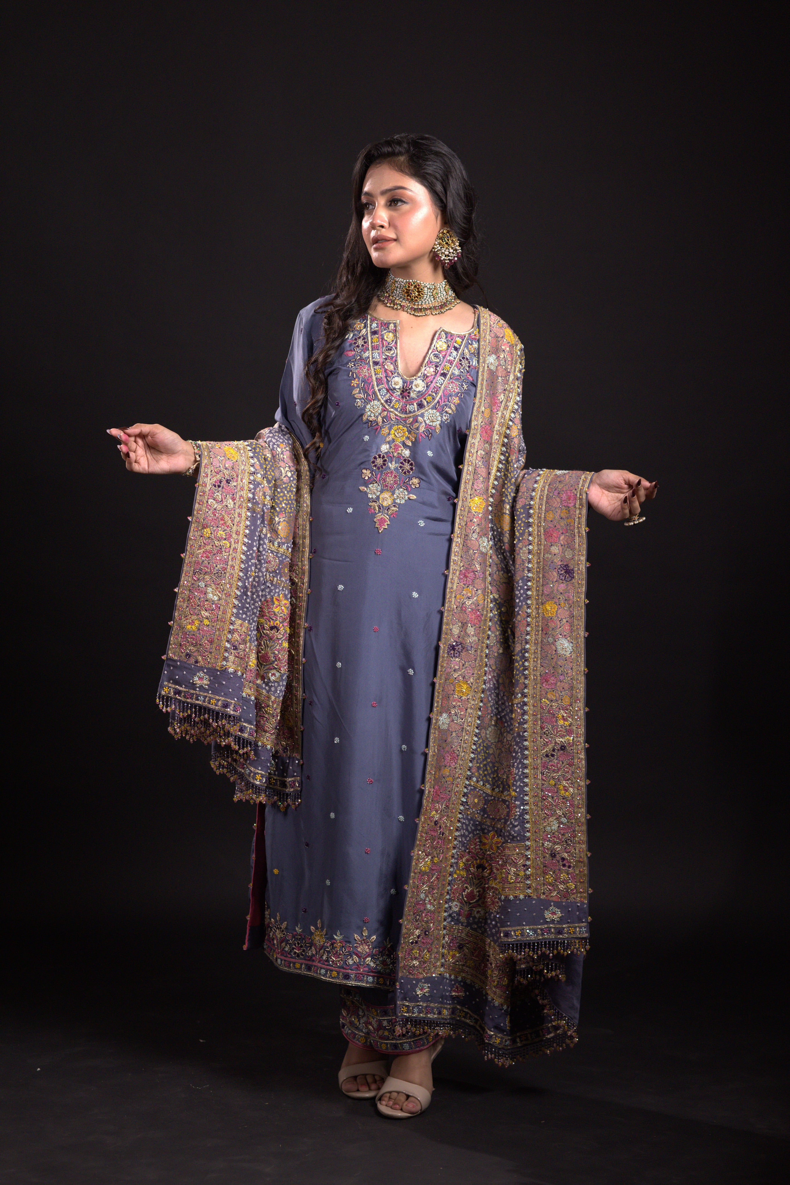Slate blue Neemzari Bandhej Dupatta and Kurta Set