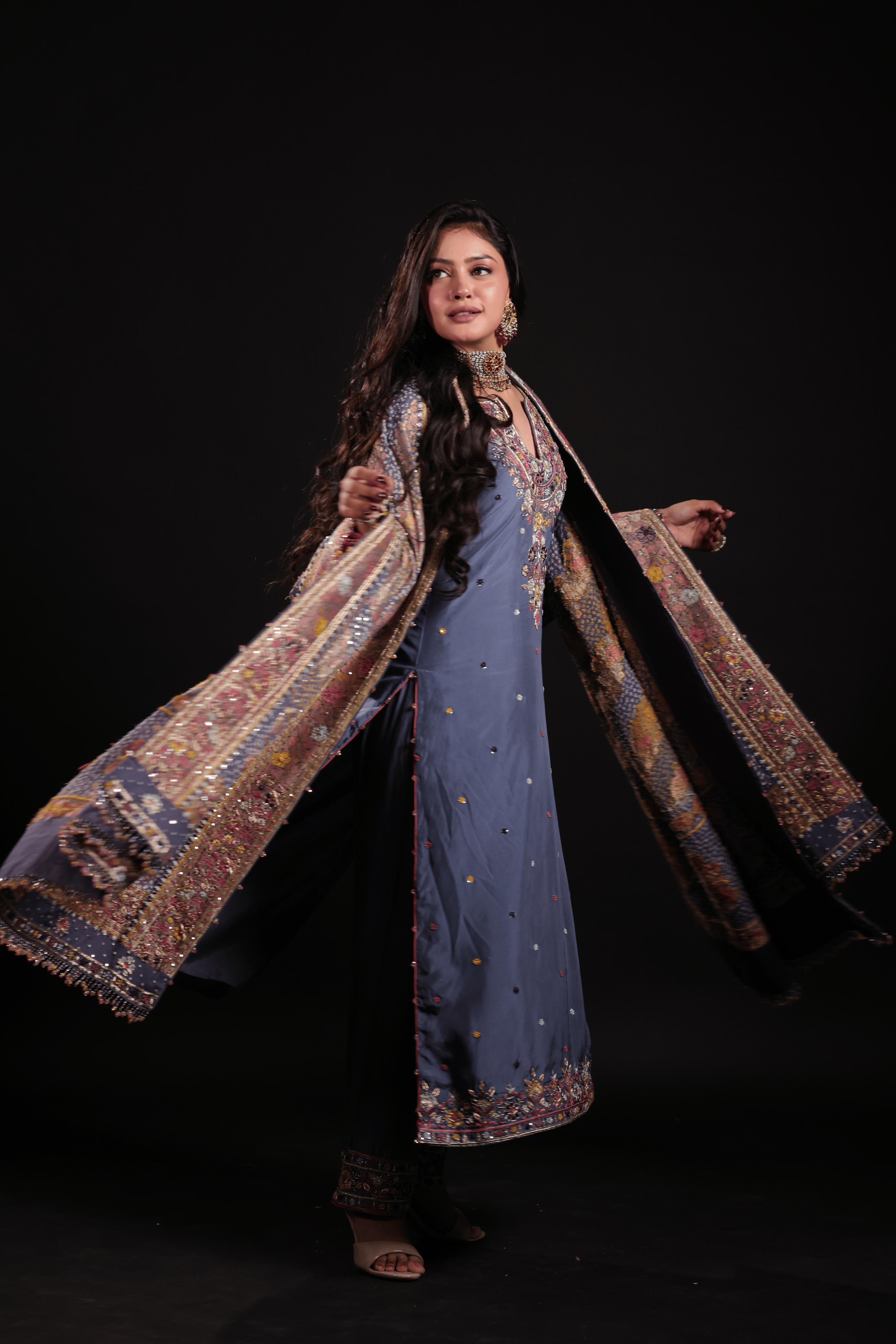 Slate blue Neemzari Bandhej Dupatta and Kurta Set
