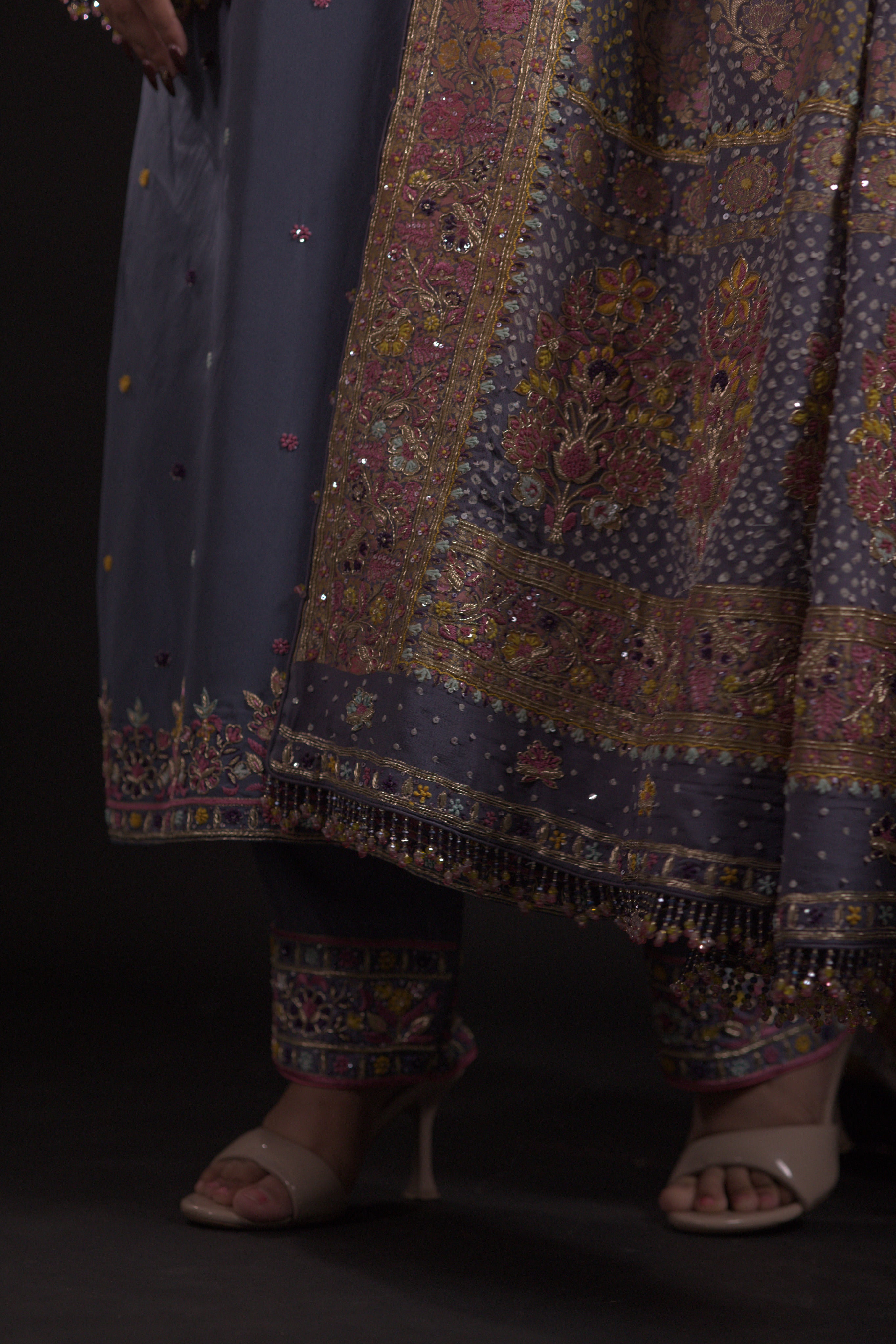 Slate blue Neemzari Bandhej Dupatta and Kurta Set